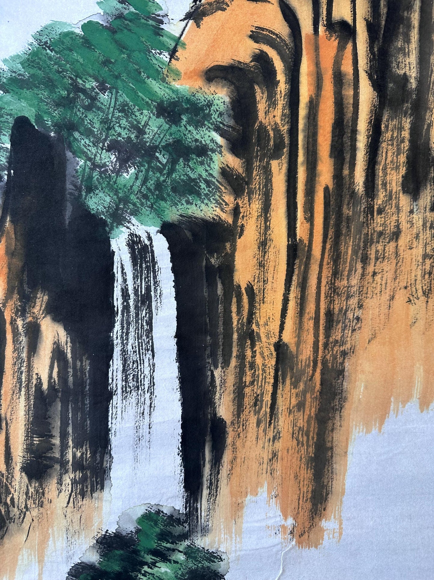 Original Chinese Ink Waterfall Landscape Painting, Hand Painted Vertical Mountain Wall Art on Rice Paper, 14 x 54 Inches
