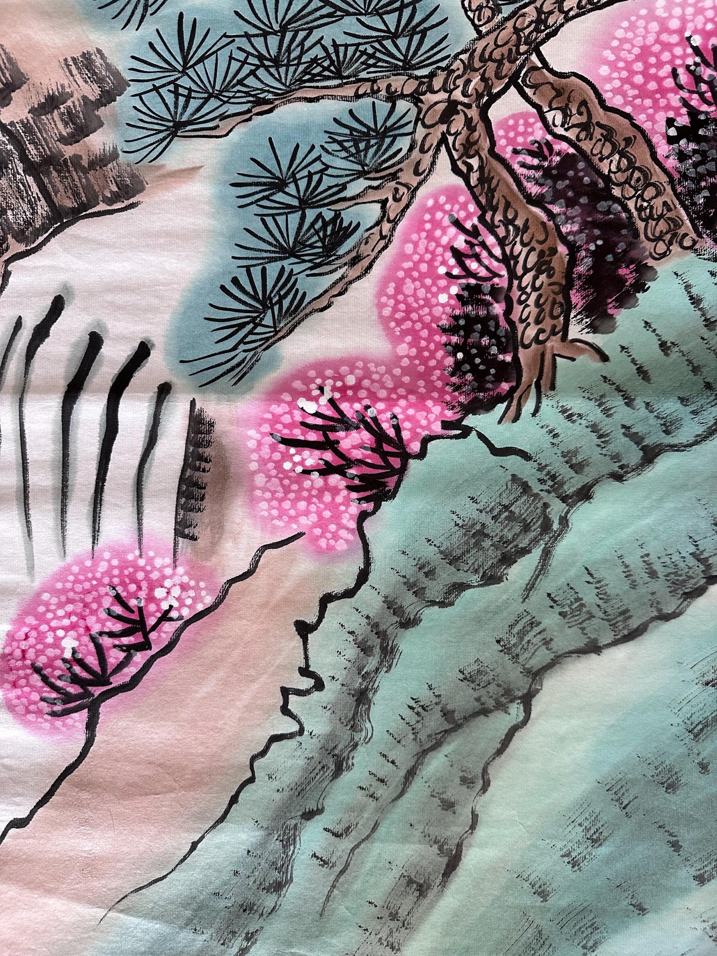 Original Chinese Ink Mountain Painting, Hand Painted Vertical Landscape Wall Art on Rice Paper, 14 x 54 Inches