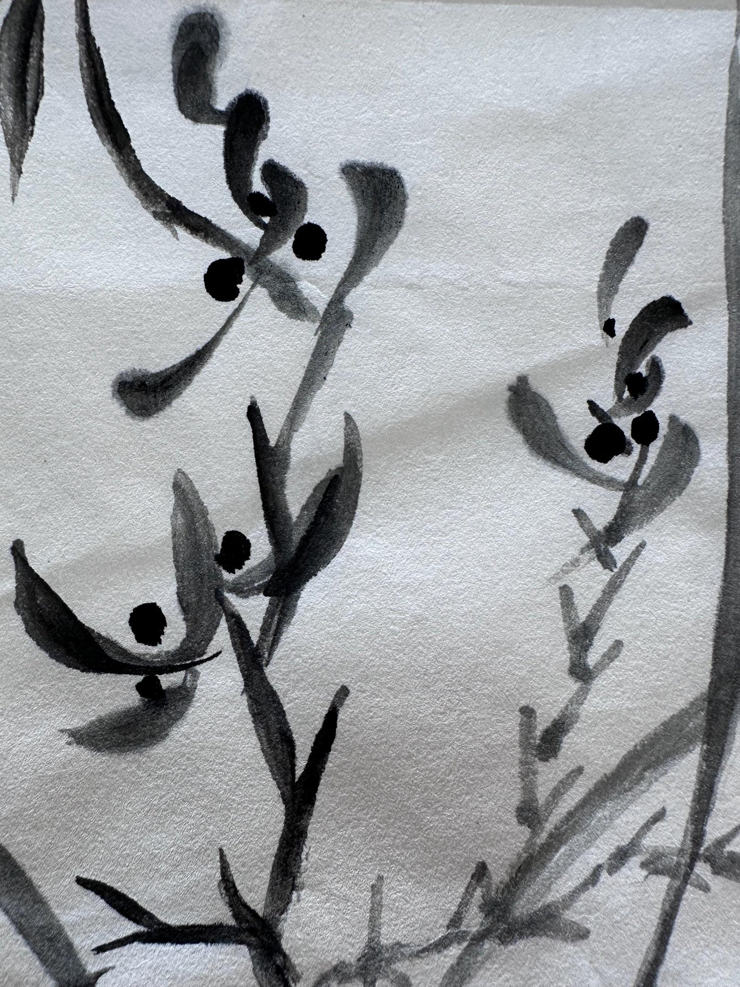 Original Chinese Ink Orchid Painting, Hand Painted Vertical Minimalist Wall Art on Rice Paper, 9 x 27 Inches