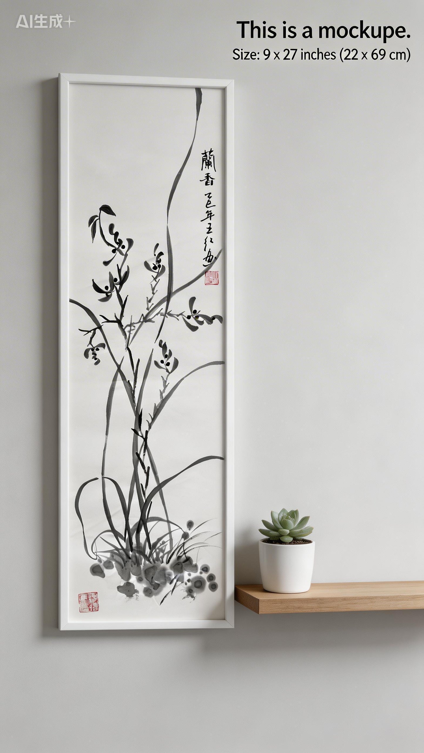 Original Chinese Ink Orchid Painting, Hand Painted Vertical Minimalist Wall Art on Rice Paper, 9 x 27 Inches