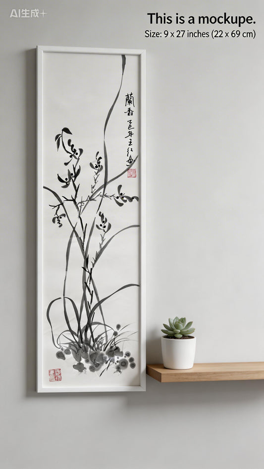 Original Chinese Ink Orchid Painting, Hand Painted Vertical Minimalist Wall Art on Rice Paper, 9 x 27 Inches