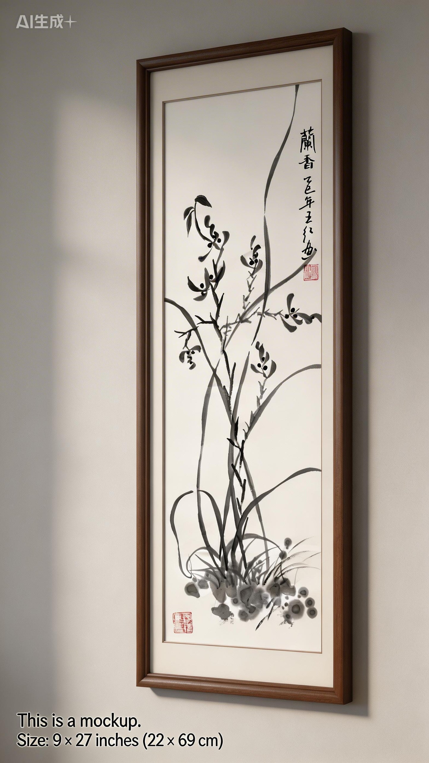 Original Chinese Ink Orchid Painting, Hand Painted Vertical Minimalist Wall Art on Rice Paper, 9 x 27 Inches