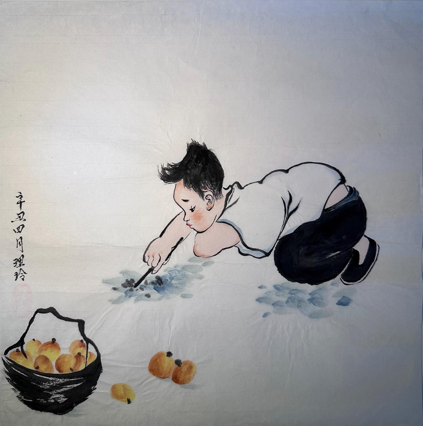 Original Chinese Ink Figure Painting, Child at Play, Hand Painted on Rice Paper, Square Format, 13 × 13 Inches