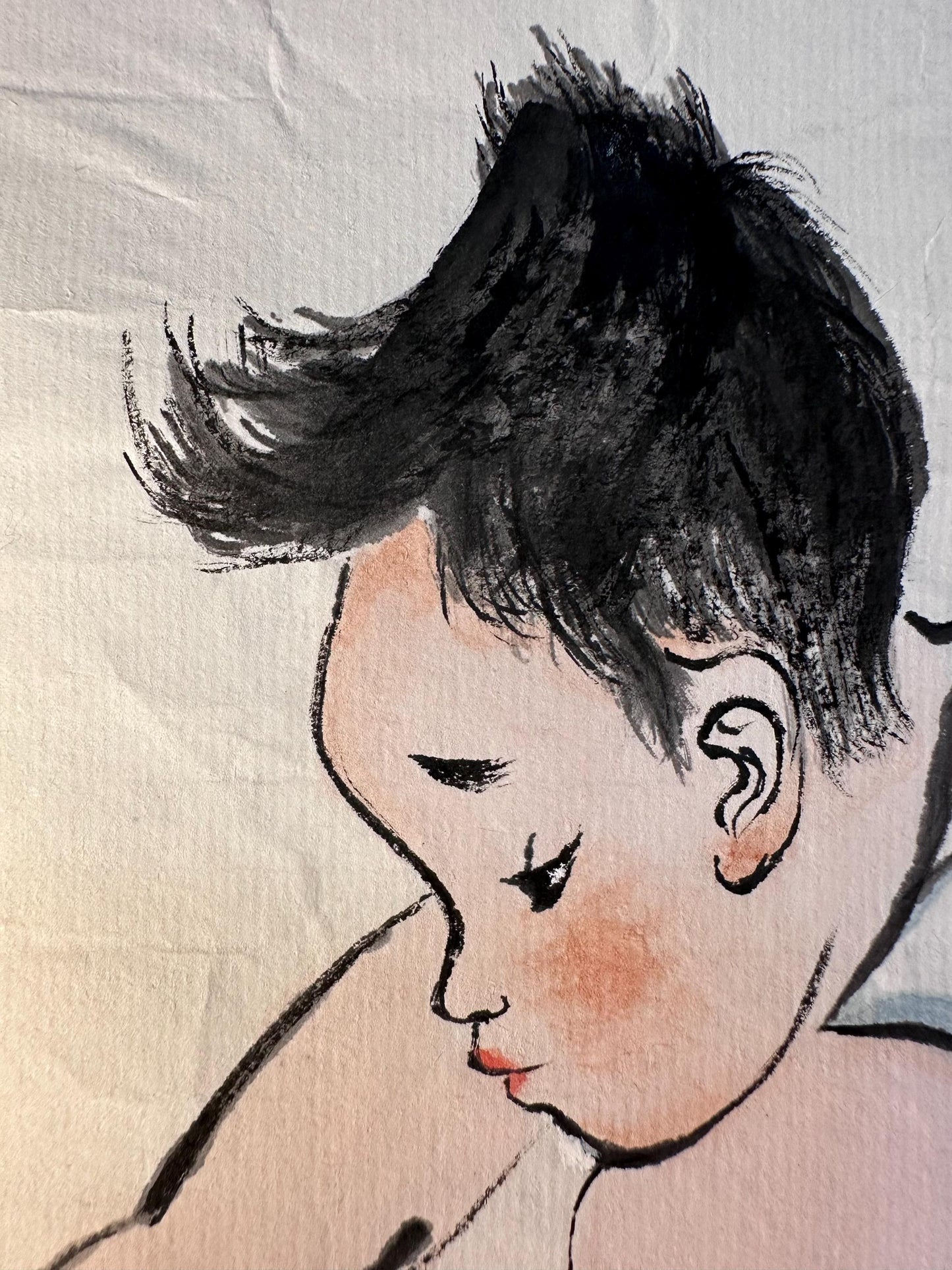 Original Chinese Ink Figure Painting, Child at Play, Hand Painted on Rice Paper, Square Format, 13 × 13 Inches