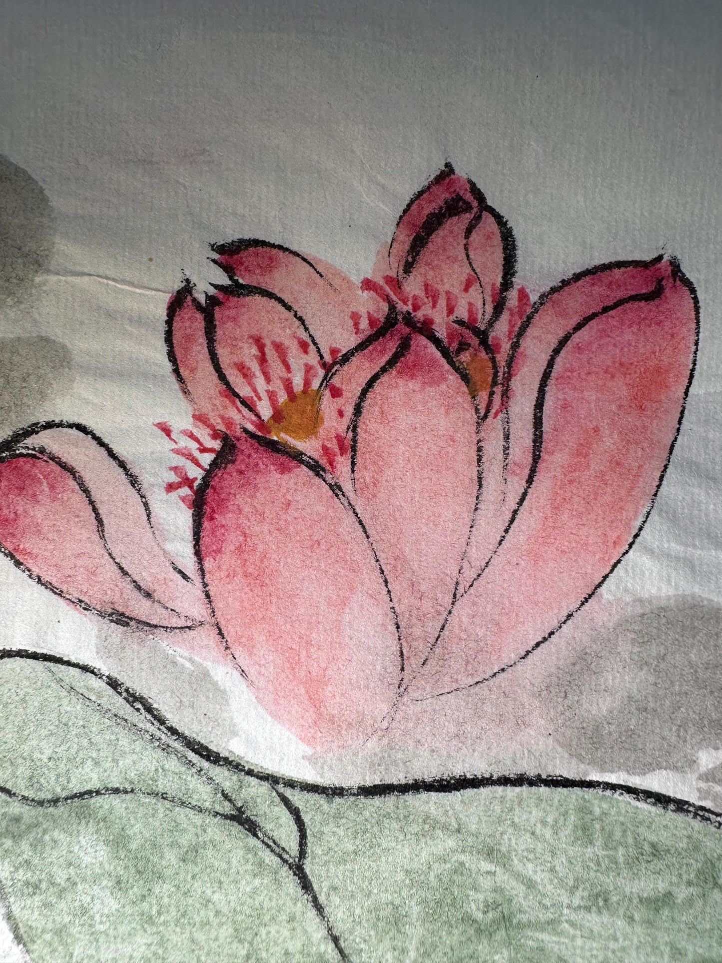 Original Chinese Ink Figure Painting, Playful Child with Lotus, Circular Composition, Hand Painted on Rice Paper, 13 Inches