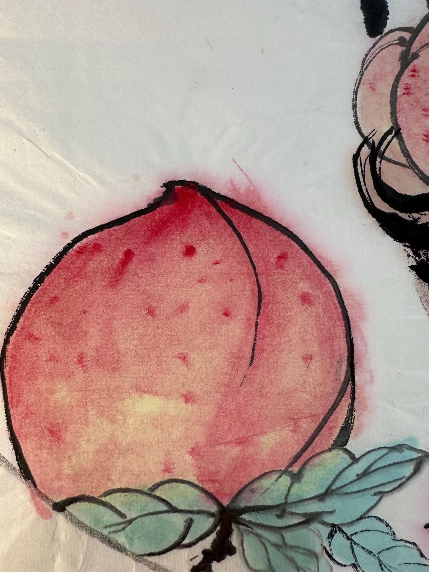 Original Chinese Ink Fruit Painting, Peaches of Longevity in Basket, Circular Composition, Hand Painted on Rice Paper, 13 Inches