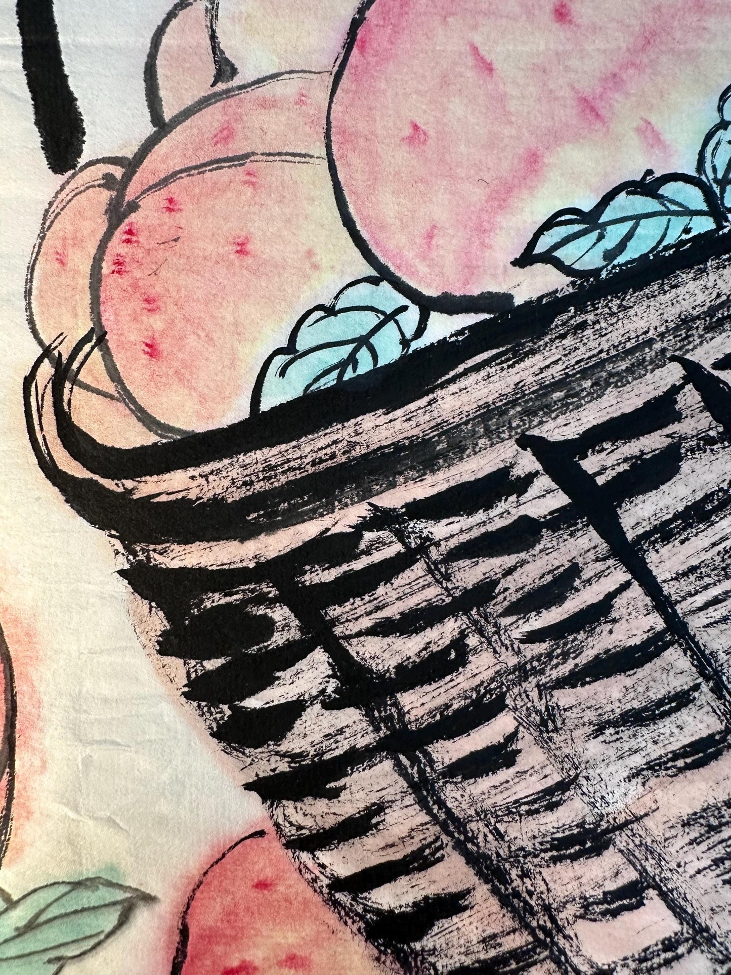 Original Chinese Ink Fruit Painting, Peaches of Longevity in Basket, Circular Composition, Hand Painted on Rice Paper, 13 Inches