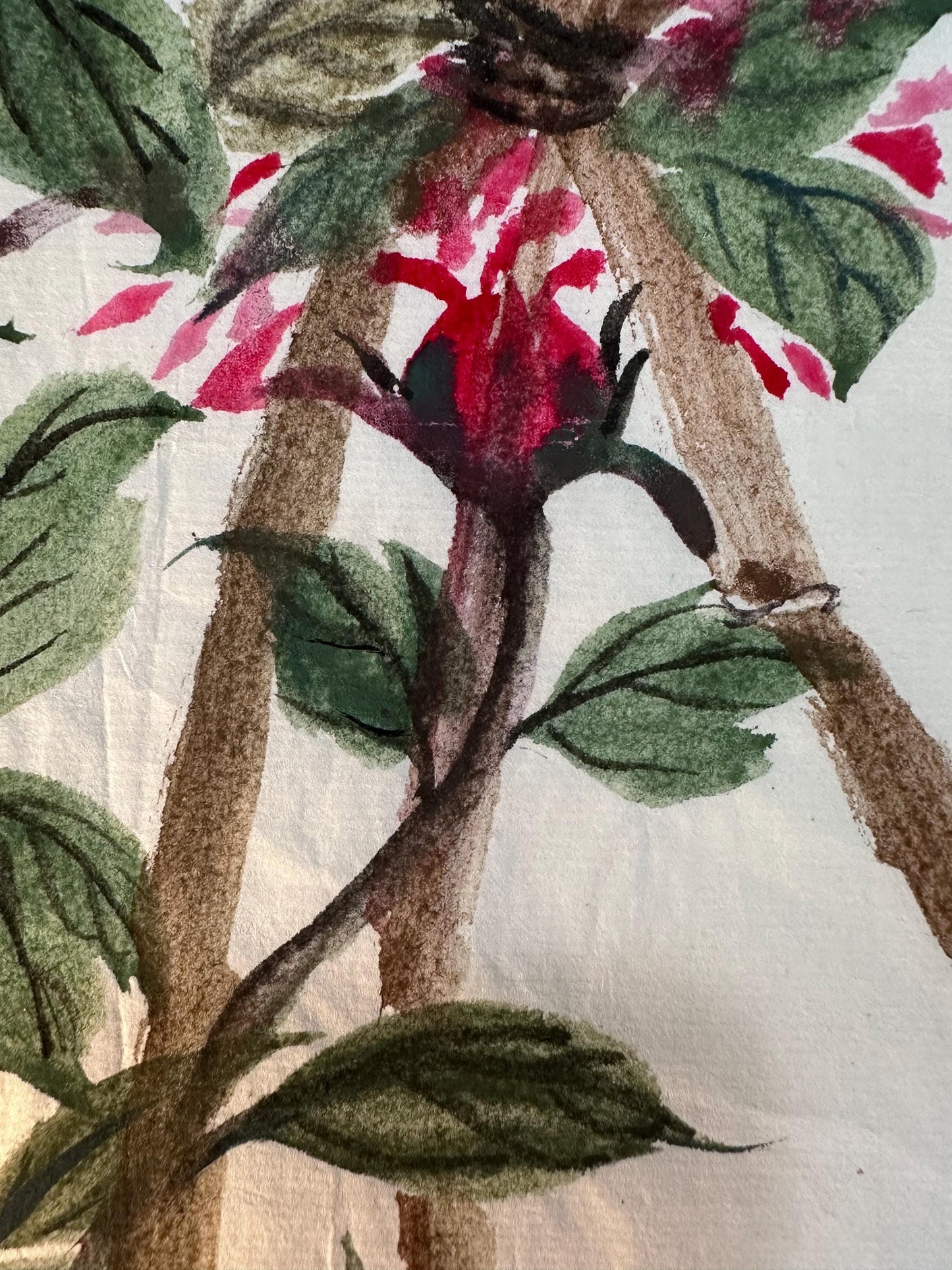 Original Chinese Ink Painting, Hand Painted Floral Study on Rice Paper, Square Wall Art, 13 x 13 Inches