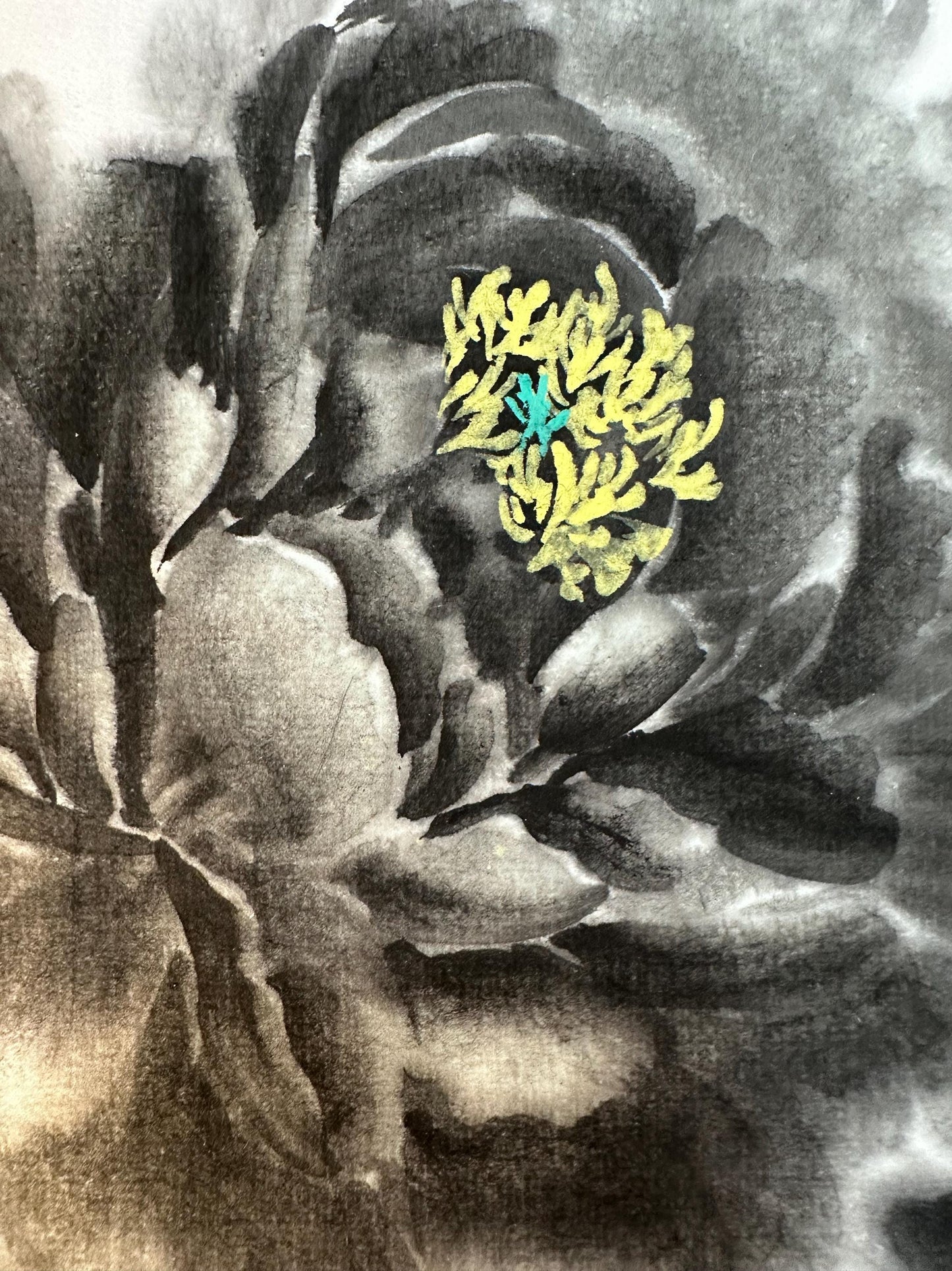 Original Chinese Ink Flower Painting, Hand Painted Floral Study on Rice Paper, Square Black Ink Wall Art, 13 x 13 Inches