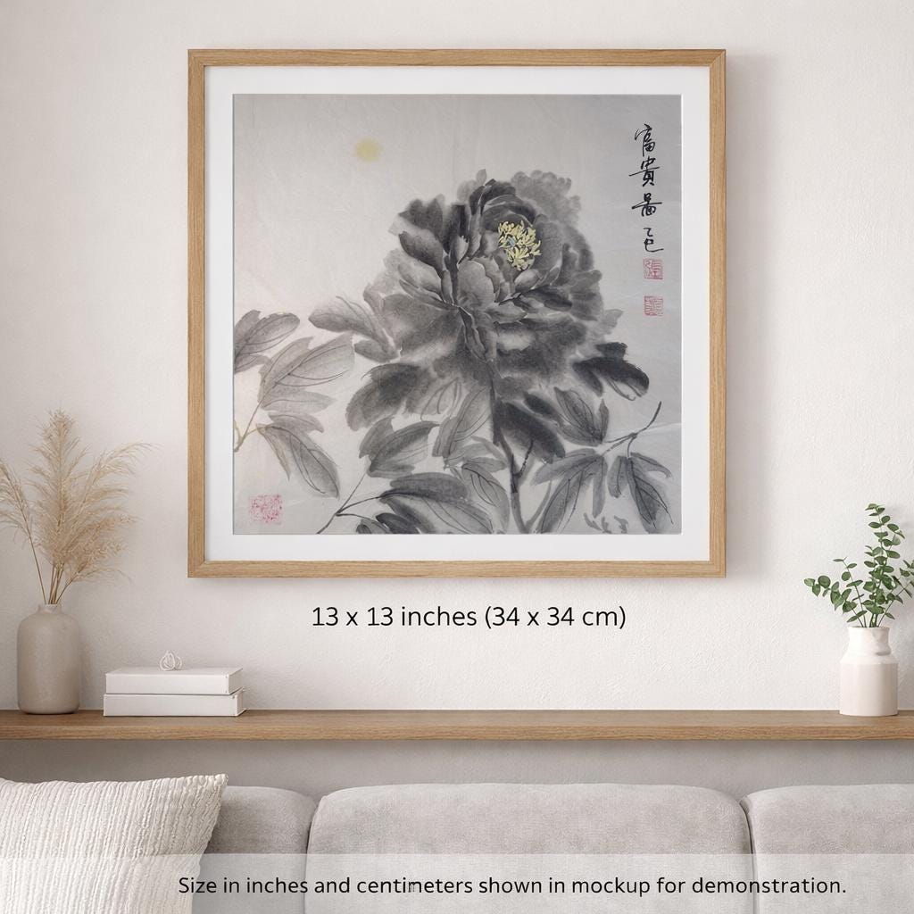 Original Chinese Ink Flower Painting, Hand Painted Floral Study on Rice Paper, Square Black Ink Wall Art, 13 x 13 Inches