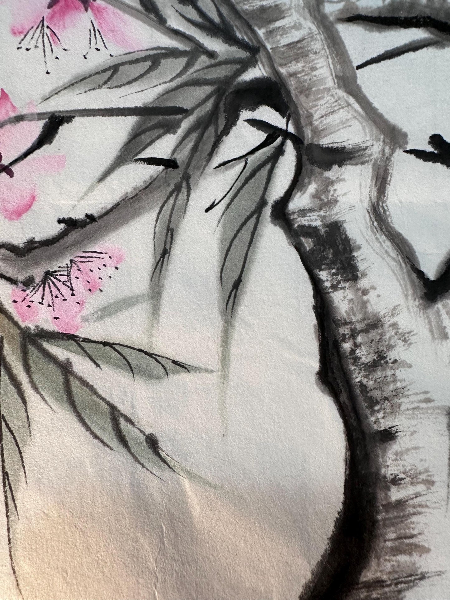 Original Chinese Ink Flower Painting with Butterfly, Hand Painted Floral Study on Rice Paper, Square Wall Art, 13 x 13 Inches