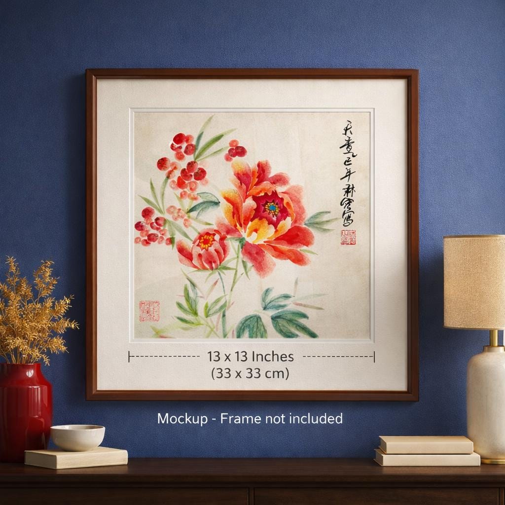 Original Chinese Ink Flower Painting “Heavenly Fragrance”, Hand Painted Floral Art on Rice Paper, Square Wall Art, 13 x 13 Inches, Unframed