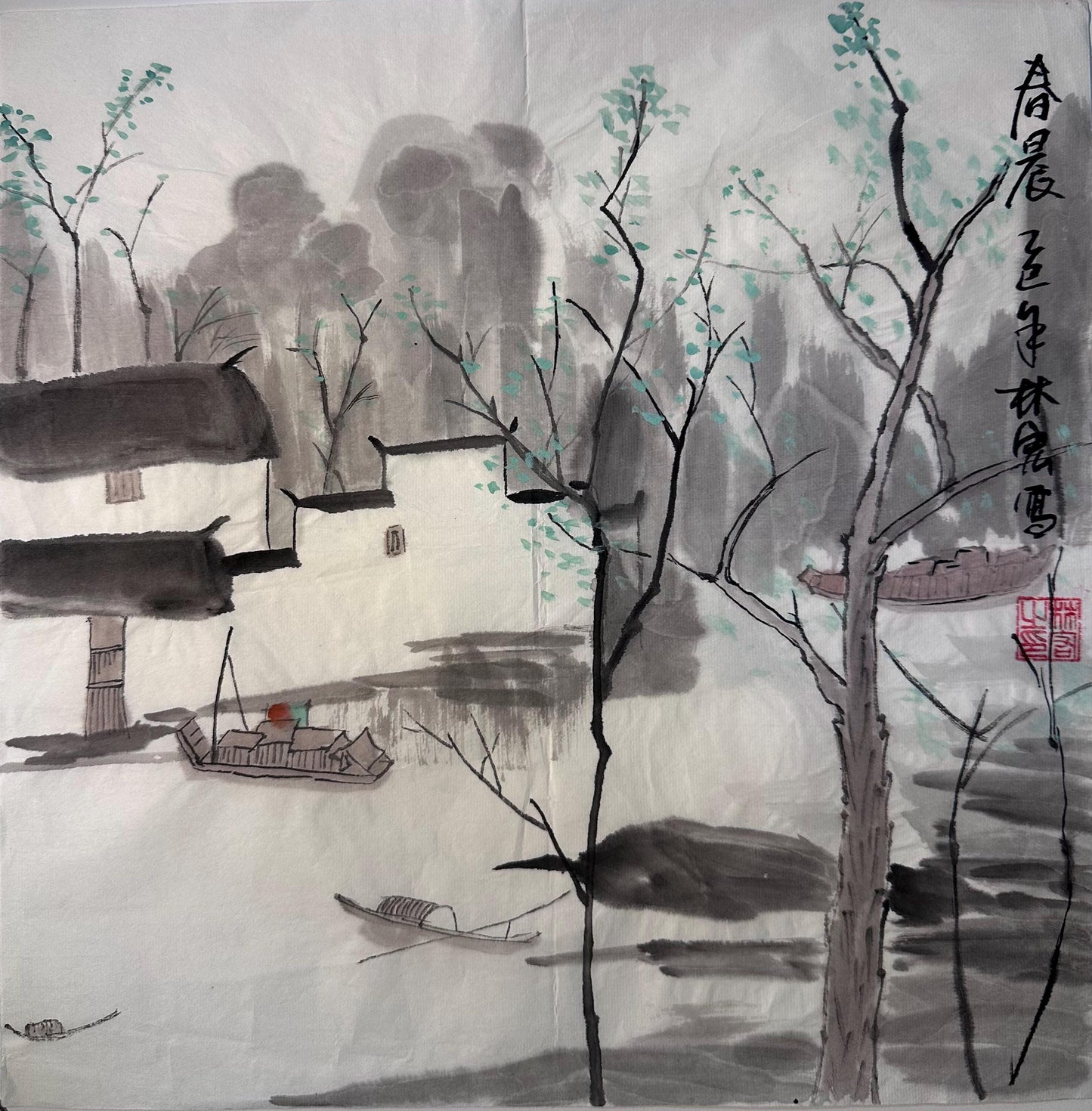 Framed Spring Morning landscape Chinese ink painting displayed as Eastern wall art in a calm interior