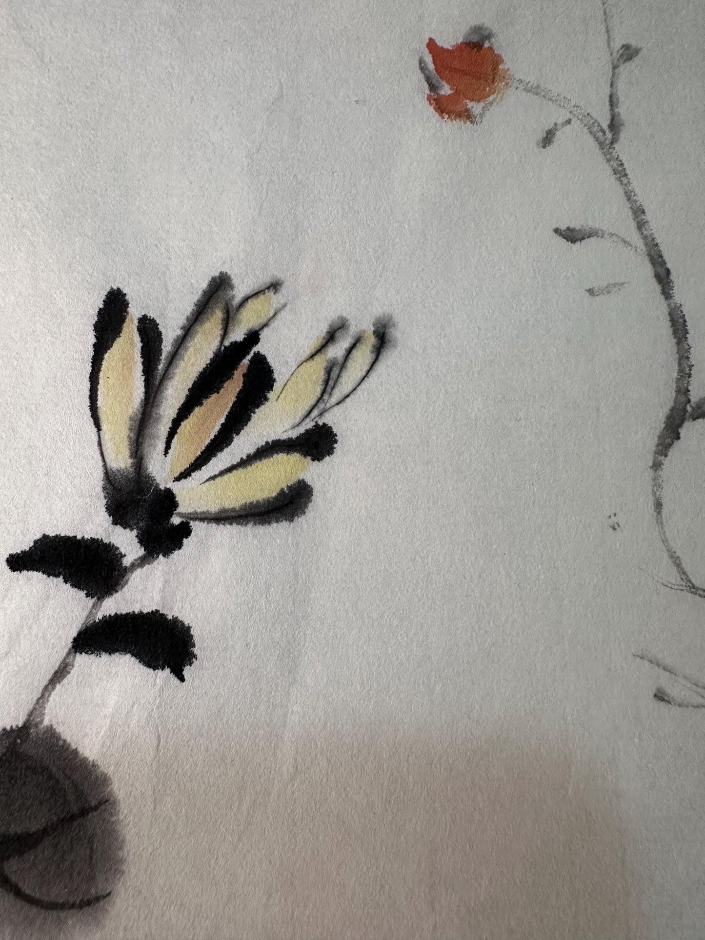 Original Chinese Ink Flower Painting “Autumn Joy”, Chrysanthemum Blossom on Rice Paper, Square Format, 13 × 13 Inches
