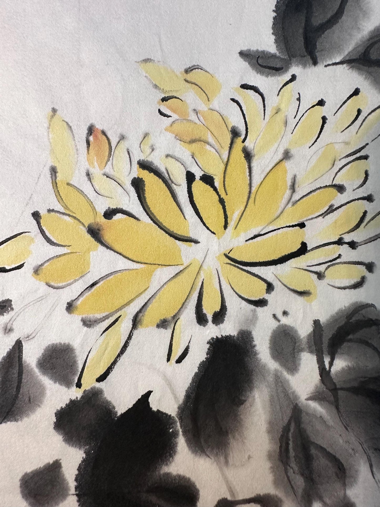 Original Chinese Ink Flower Painting “Autumn Joy”, Chrysanthemum Blossom on Rice Paper, Square Format, 13 × 13 Inches