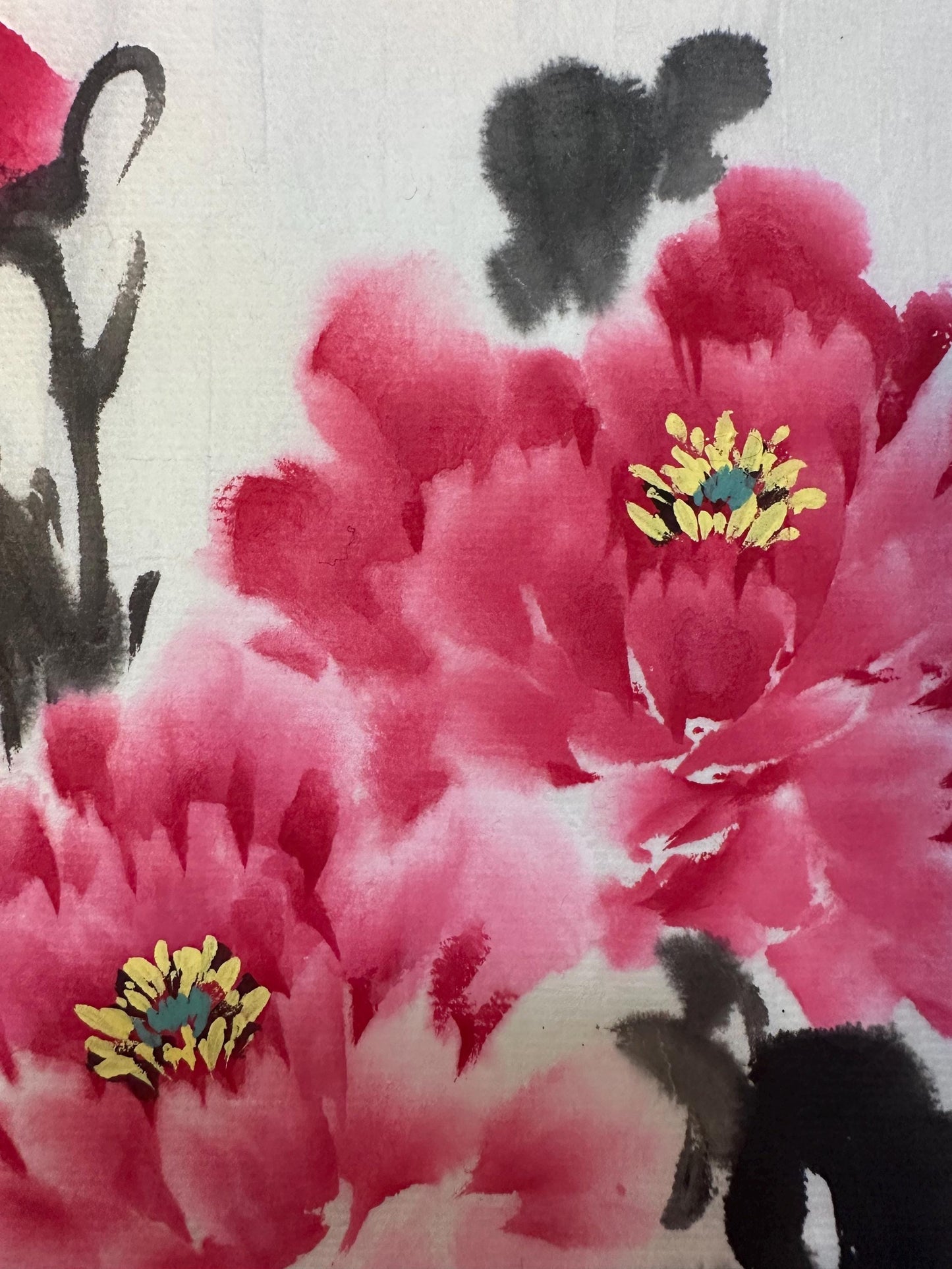 Original Chinese Ink Peony Painting, Circular Composition on Square Rice Paper, Hand Painted Floral Wall Art, 13 × 13 Inches