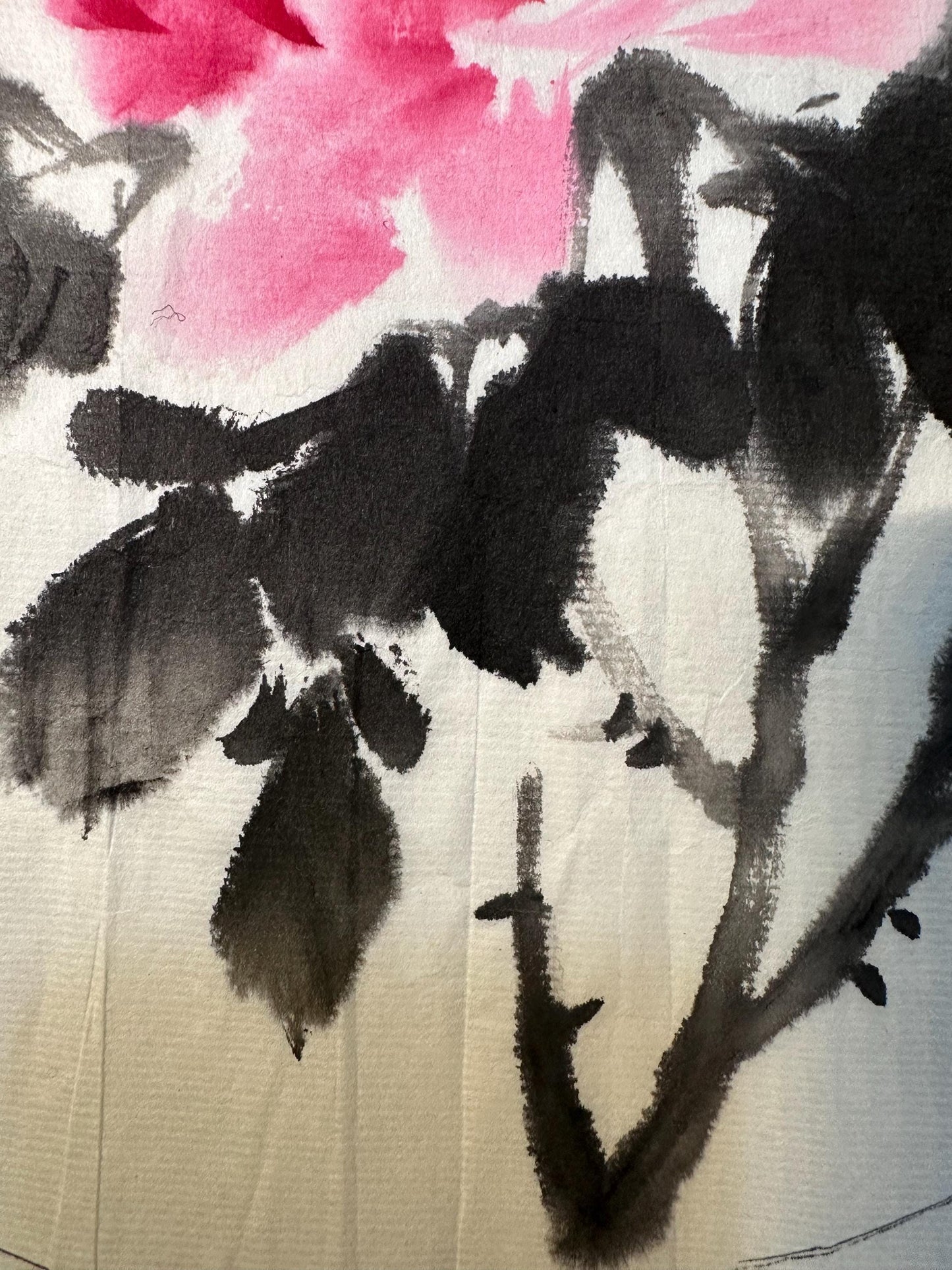 Original Chinese Ink Peony Painting, Circular Composition on Square Rice Paper, Hand Painted Floral Wall Art, 13 × 13 Inches