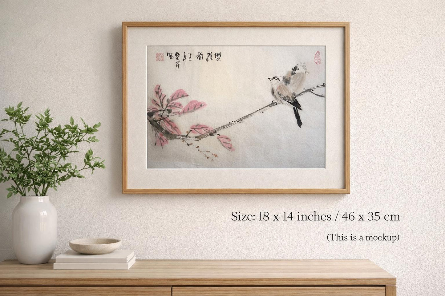 Original Chinese Ink Bird Painting, “Two Sparrows” Floral Wall Art on Rice Paper, Hand Painted Nature Artwork, 18 x 14 Inches