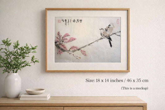 Original Chinese Ink Bird Painting, “Two Sparrows” Floral Wall Art on Rice Paper, Hand Painted Nature Artwork, 18 x 14 Inches