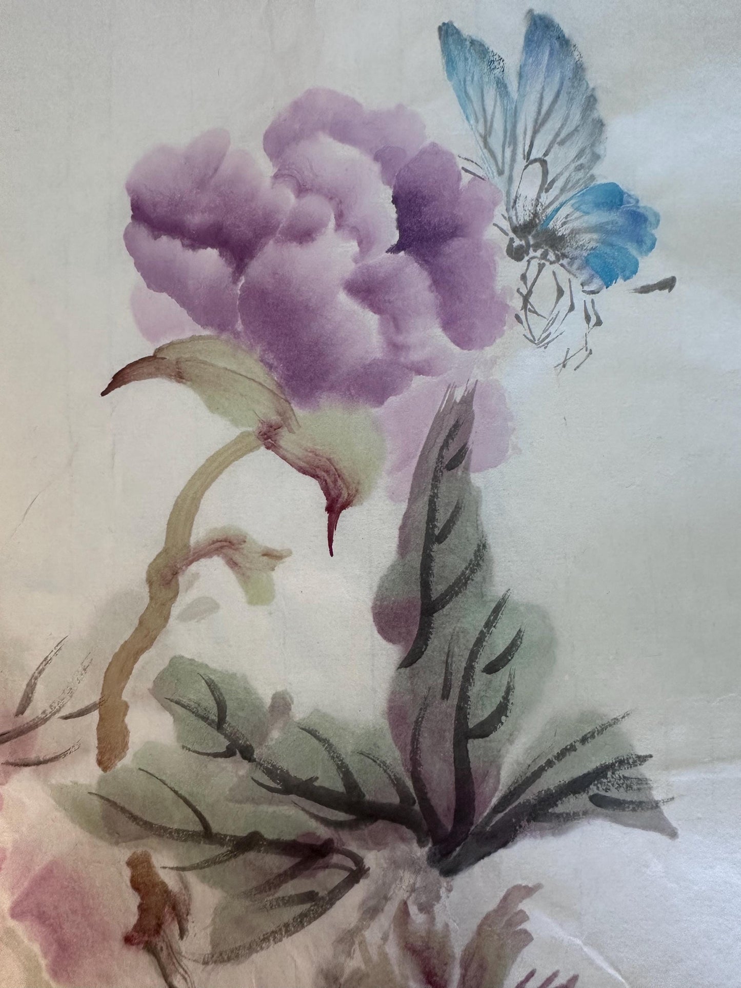 Original Chinese Ink Peony Painting, Butterfly and Floral Wall Art on Rice Paper, Hand Painted Vertical Flower Artwork, 14 x 20 Inches