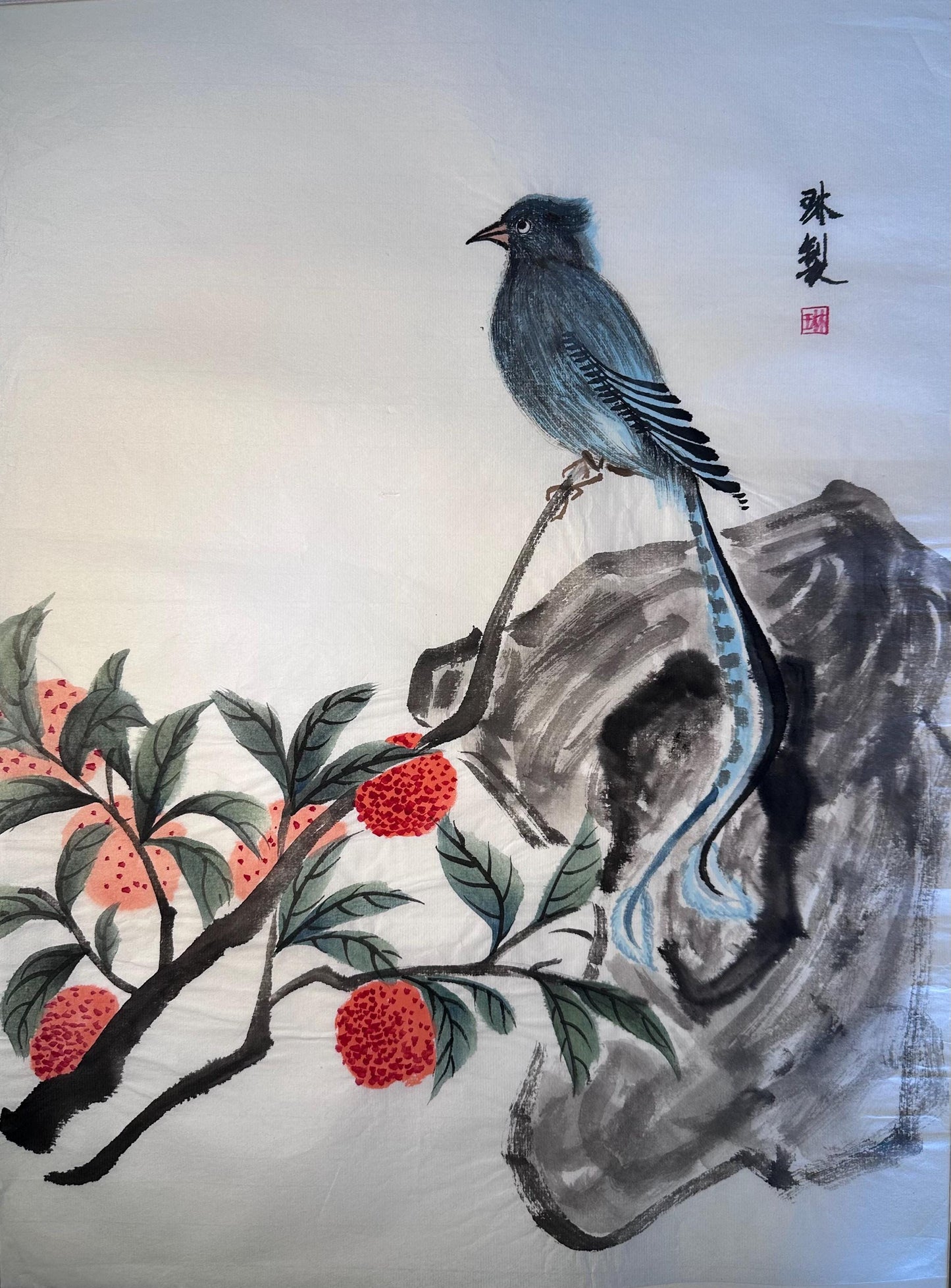 Original Chinese Ink Bird Painting, Blue Magpie and Lychee Wall Art on Rice Paper, Hand Painted Vertical Nature Artwork, 13 x 18 Inches
