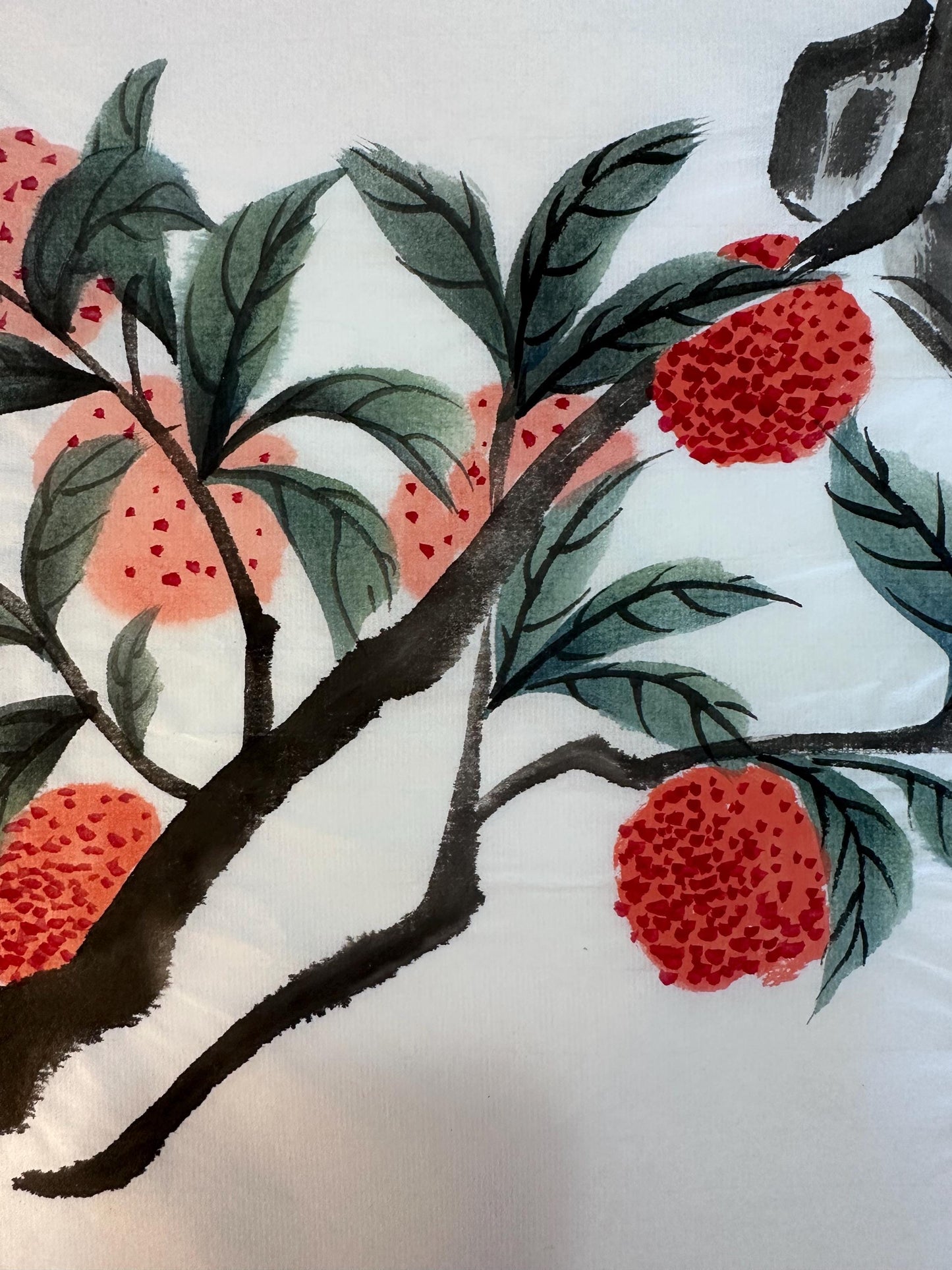 Original Chinese Ink Bird Painting, Blue Magpie and Lychee Wall Art on Rice Paper, Hand Painted Vertical Nature Artwork, 13 x 18 Inches