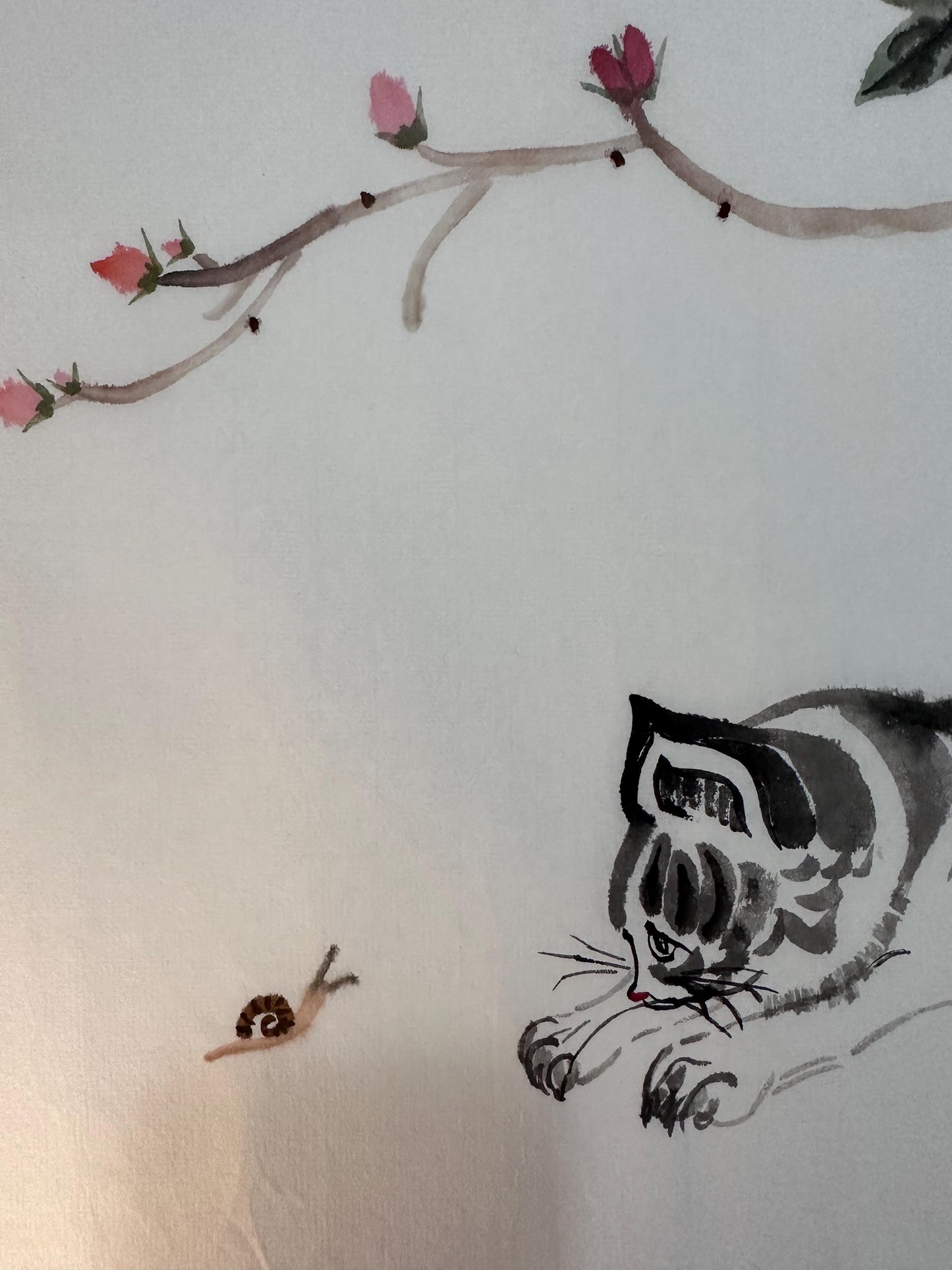 Original Chinese Ink Cat Painting, Playful Cat and Snail Wall Art on Rice Paper, Hand Painted Horizontal Animal Artwork, 18 x 14 Inches