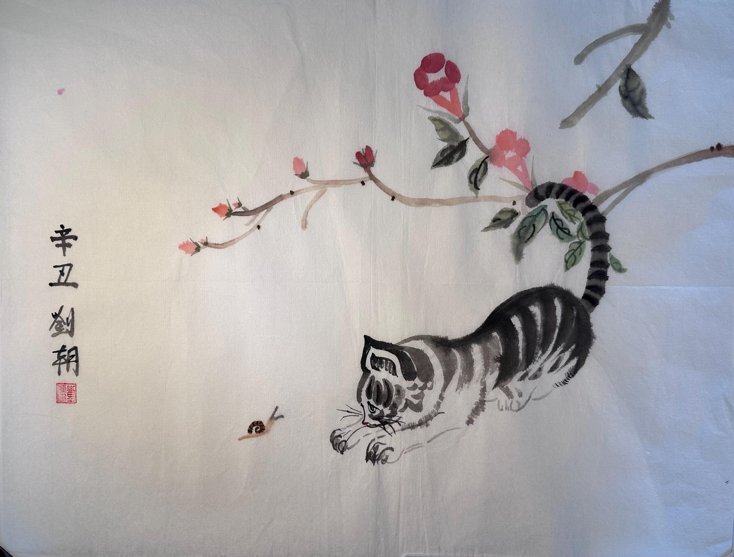 Original Chinese Ink Cat Painting, Playful Cat and Snail Wall Art on Rice Paper, Hand Painted Horizontal Animal Artwork, 18 x 14 Inches