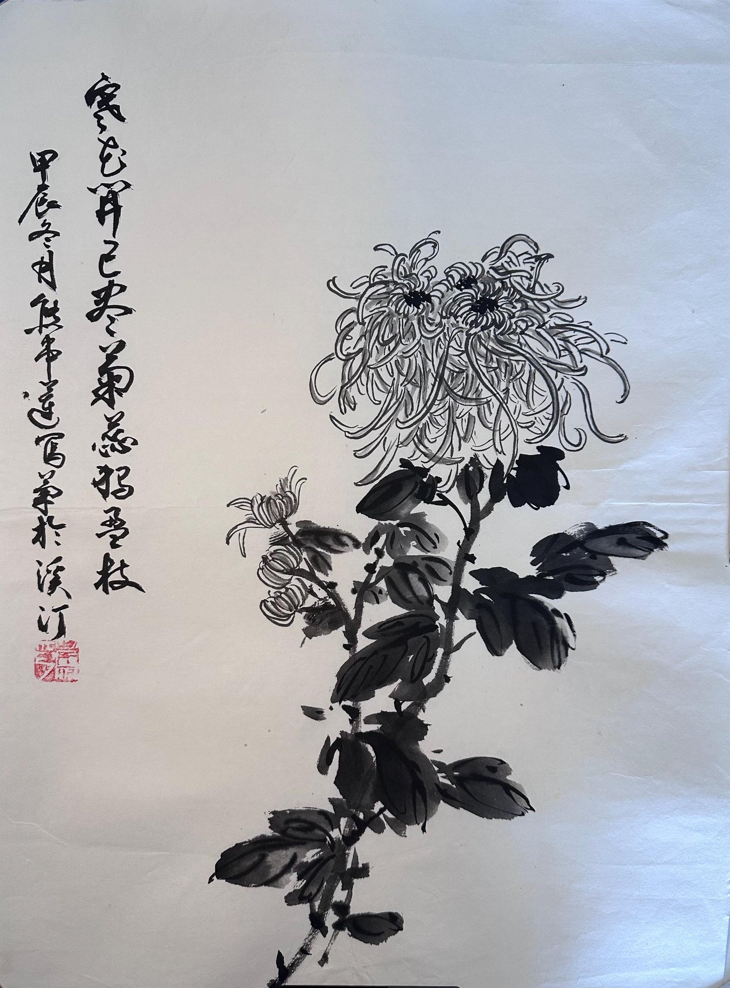 Original Chinese Ink Chrysanthemum Painting, Hand Painted Black and White Floral Wall Art on Rice Paper, 13 x 18 Inches