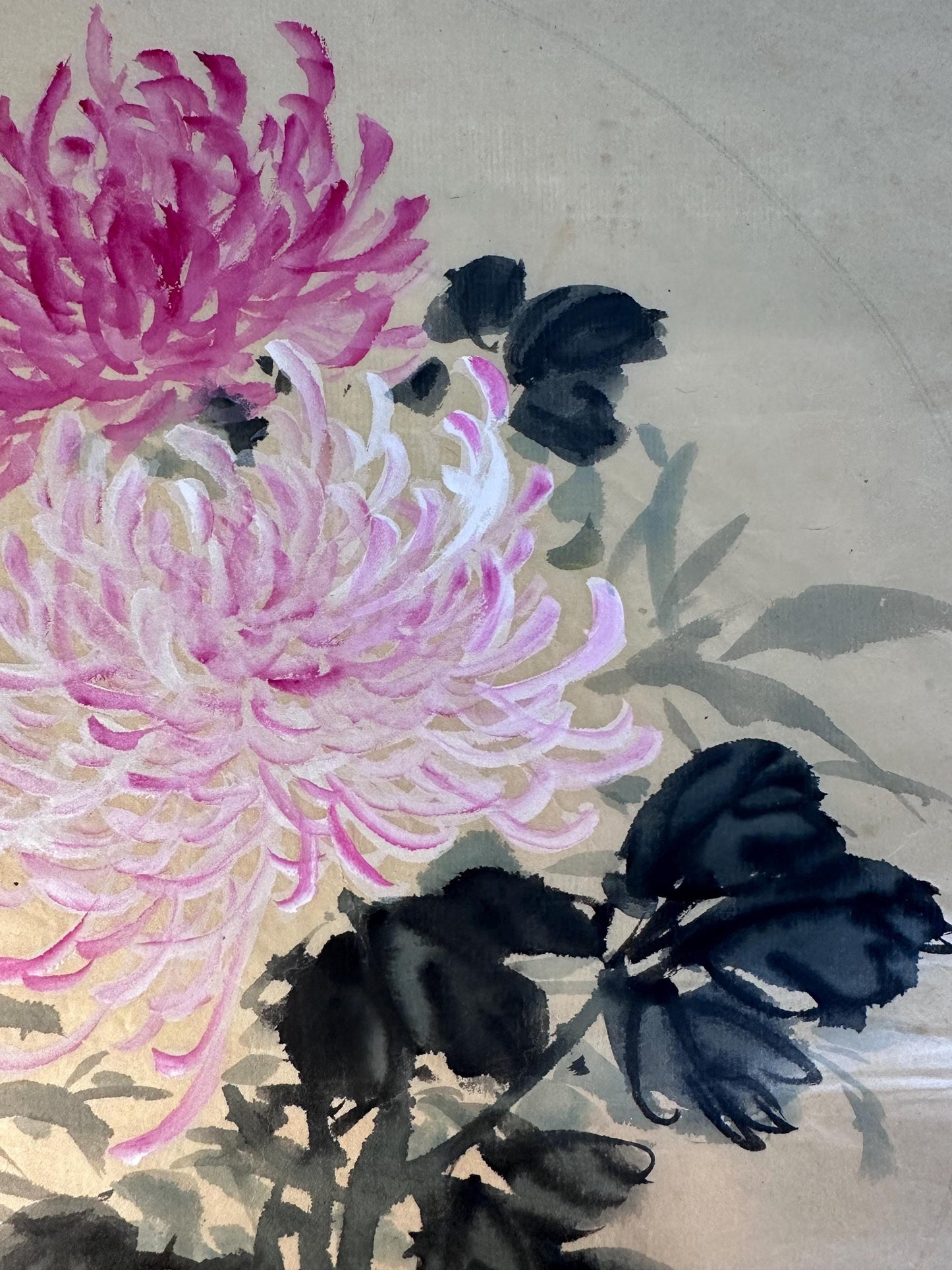 Original Chinese Ink Chrysanthemum Painting, Round Composition Floral Wall Art on Rice Paper, 13 Inches Diameter