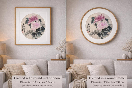 Original Chinese Ink Chrysanthemum Painting, Round Composition Floral Wall Art on Rice Paper, 13 Inches Diameter