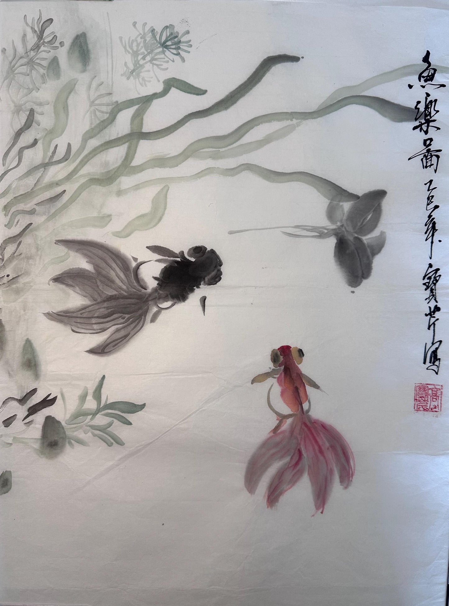 Original Chinese Ink Goldfish Painting, Hand Painted Koi Fish Wall Art on Rice Paper, Vertical Asian Nature Artwork, 13 x 18 Inches