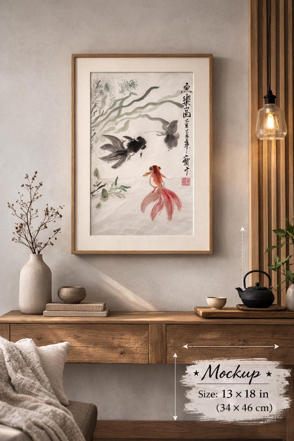 Original Chinese Ink Goldfish Painting, Hand Painted Koi Fish Wall Art on Rice Paper, Vertical Asian Nature Artwork, 13 x 18 Inches