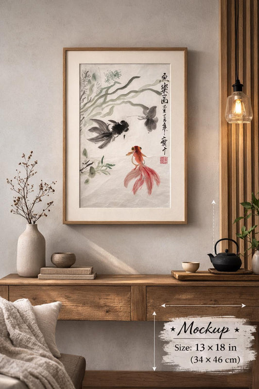 Original Chinese Ink Goldfish Painting, Hand Painted Koi Fish Wall Art on Rice Paper, Vertical Asian Nature Artwork, 13 x 18 Inches