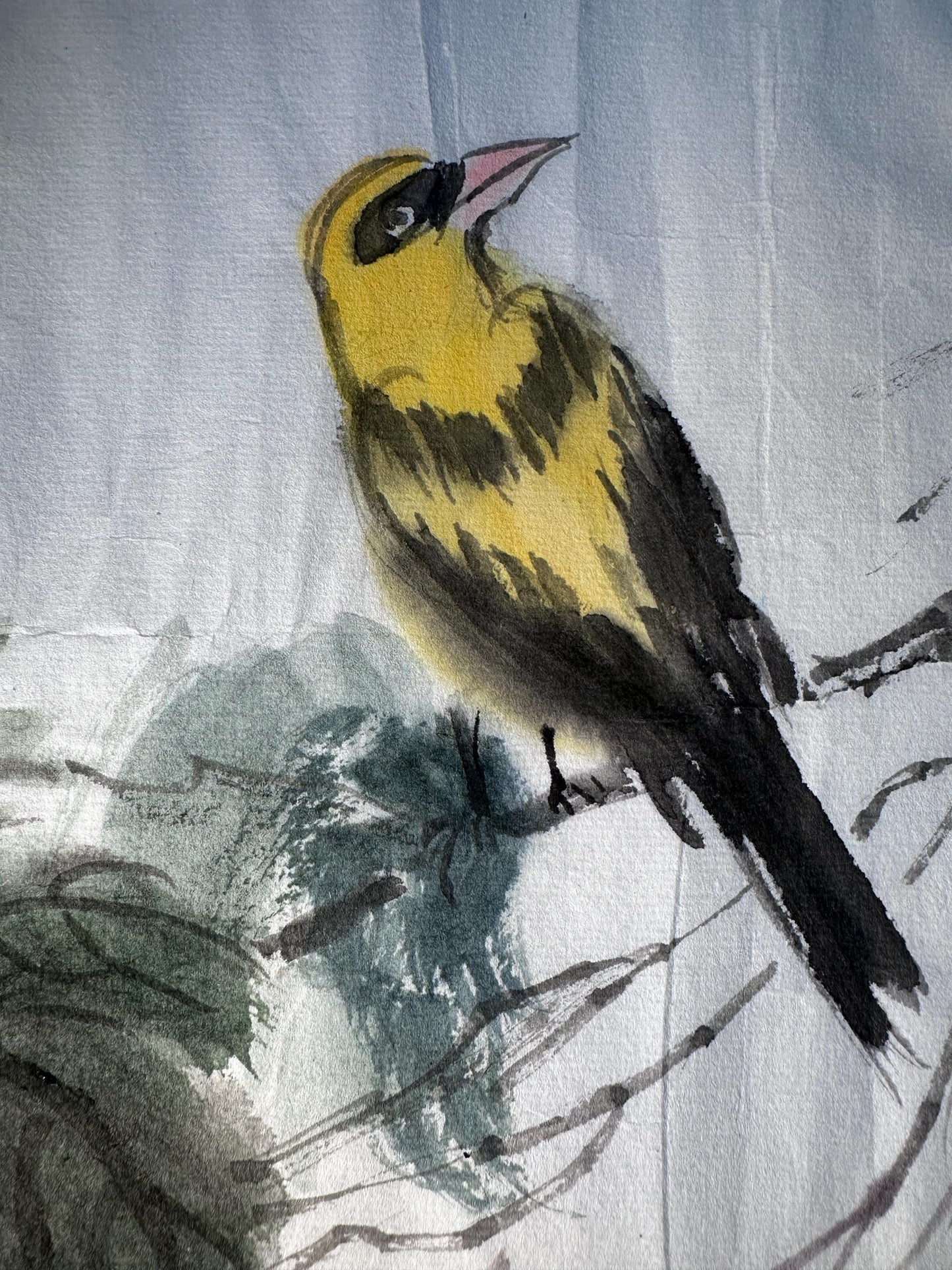 Original Chinese Ink Bird and Peony Painting, Hand Painted Floral Wall Art on Rice Paper, 20 × 13 Inches
