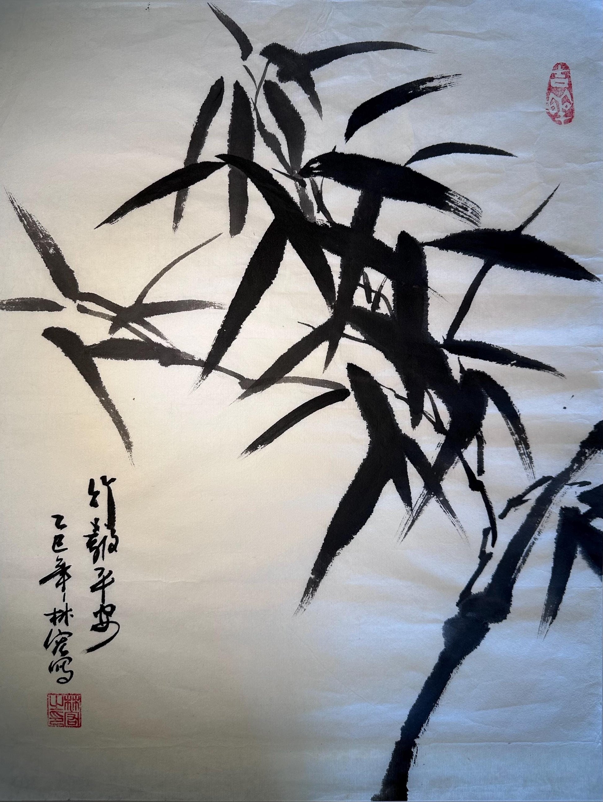 Unframed rice paper artwork display and shipping information for Nestlioo bamboo Chinese ink painting