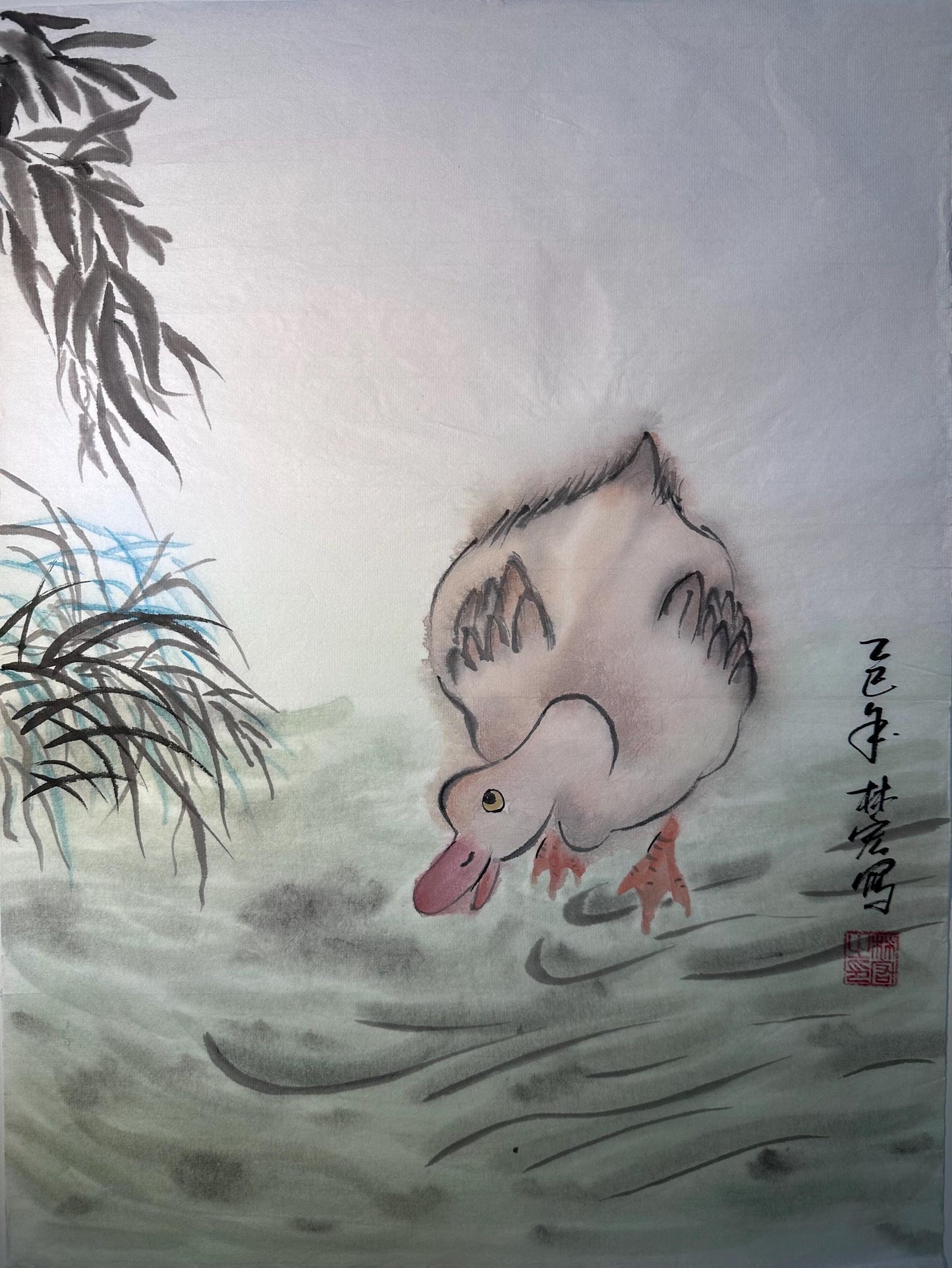 Unframed rice paper artwork display and shipping information for Nestlioo duck Chinese ink painting