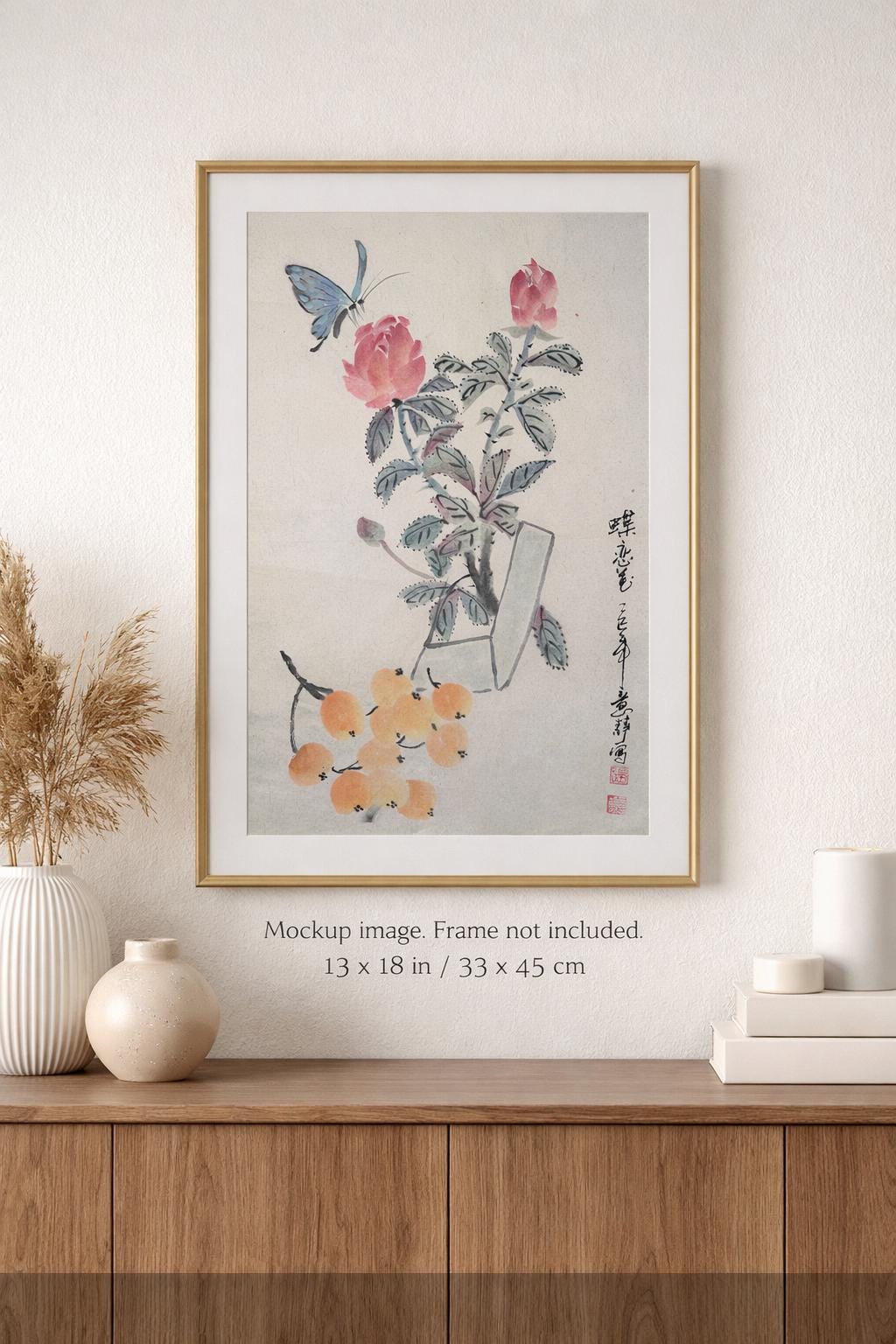 Original Chinese Ink Painting “Butterfly in Love with Flowers”, Hand Painted Floral & Butterfly Art on Rice Paper, 13 x 18 Inches