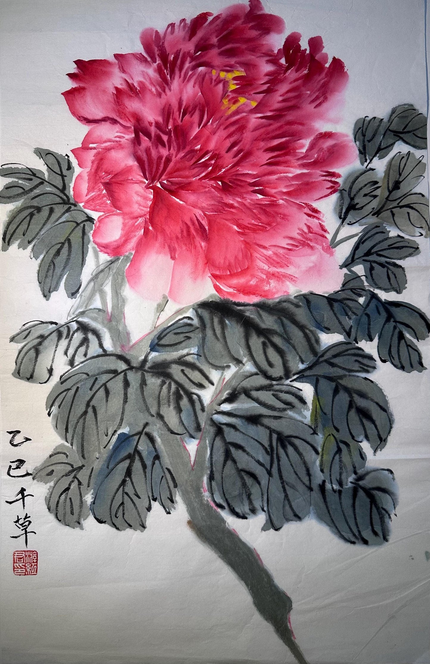 Unframed rice paper artwork display and shipping information for Nestlioo peony flower Chinese ink painting