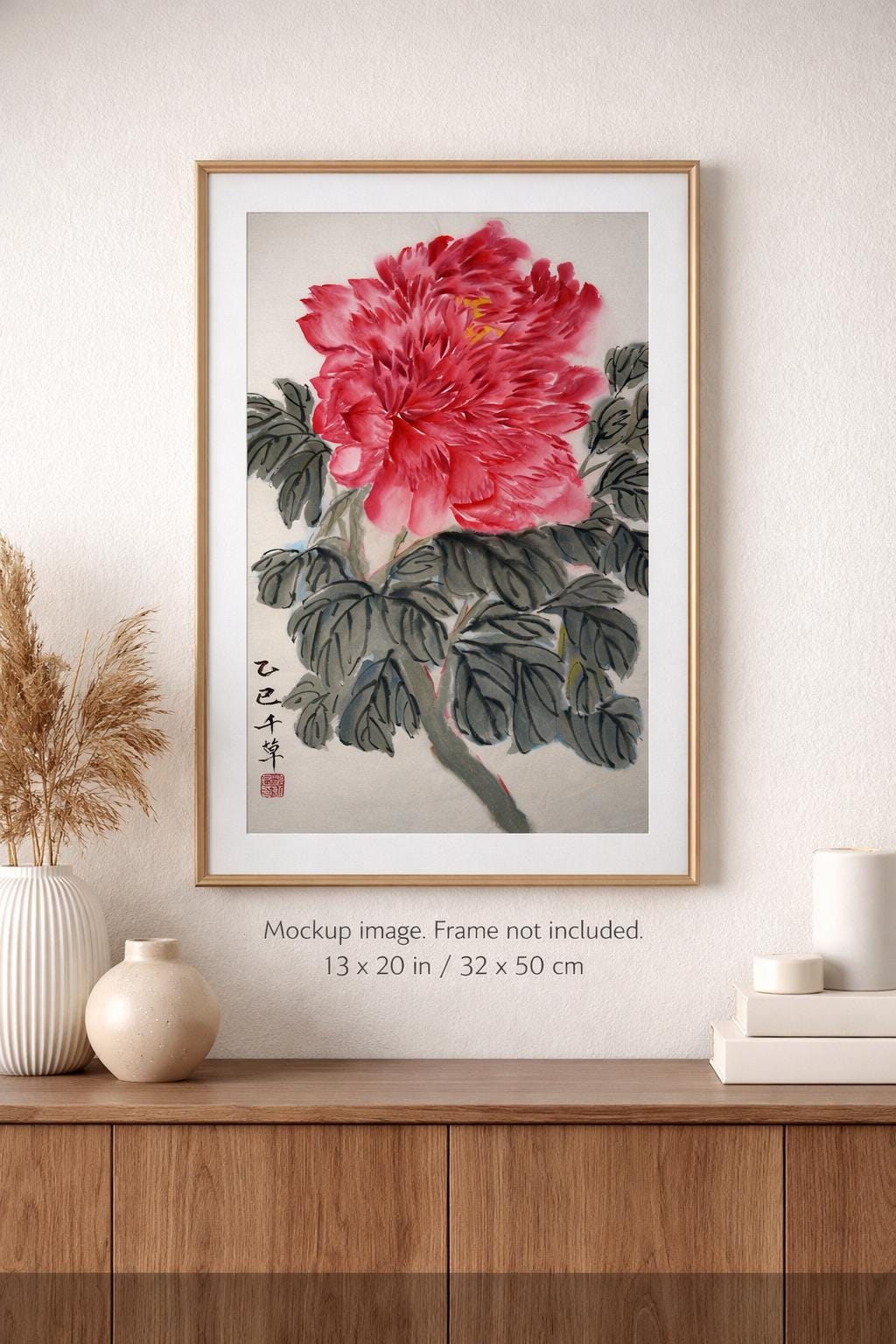 Original Chinese Ink Peony Painting, Hand Painted Floral Wall Art on Rice Paper, 13 x 20 Inches, Unframed