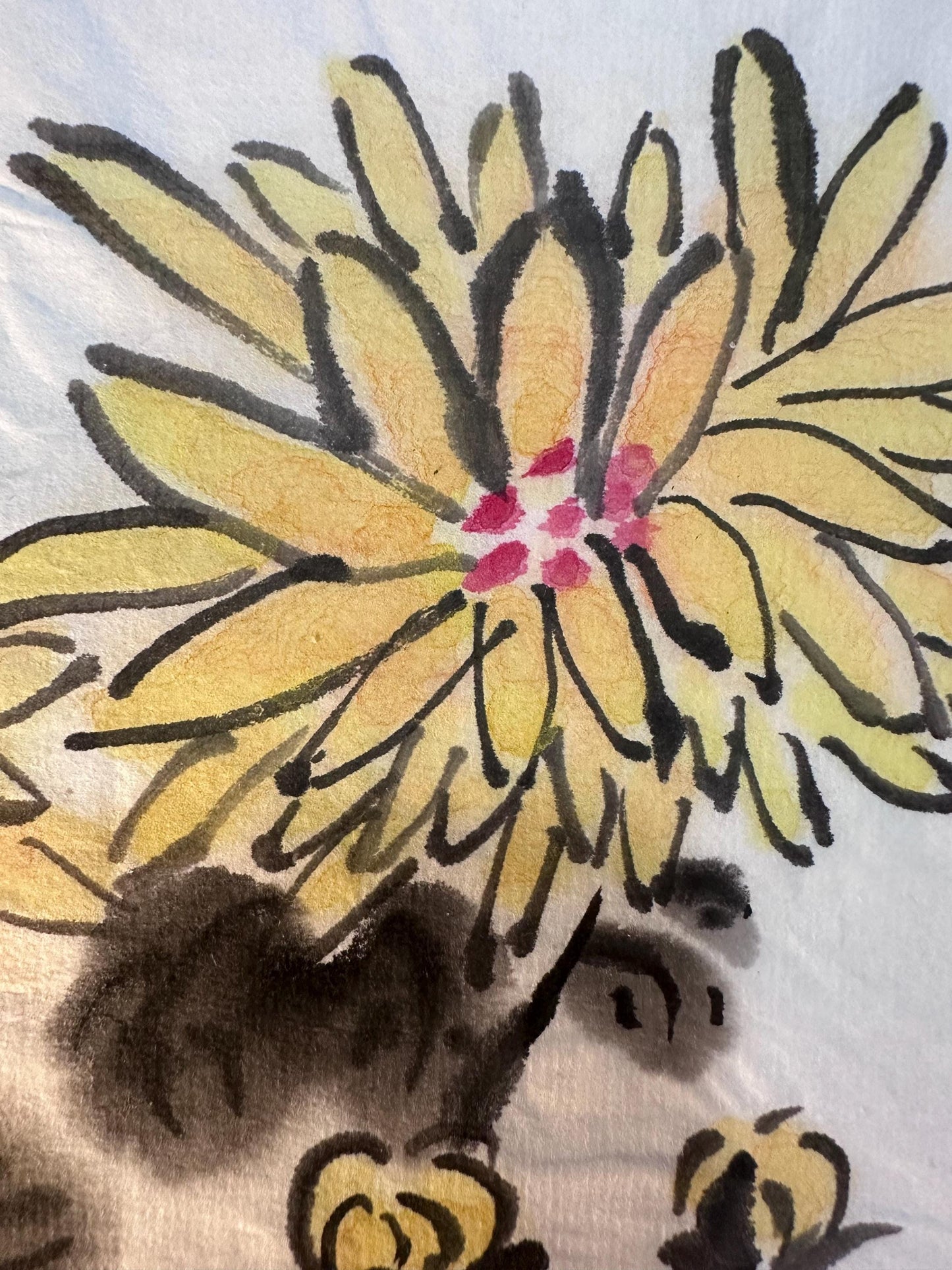 Original Chinese Ink Painting “Picking Chrysanthemums by the Eastern Fence”, Hand Painted Chrysanthemum Wall Art, 13 x 18 Inches