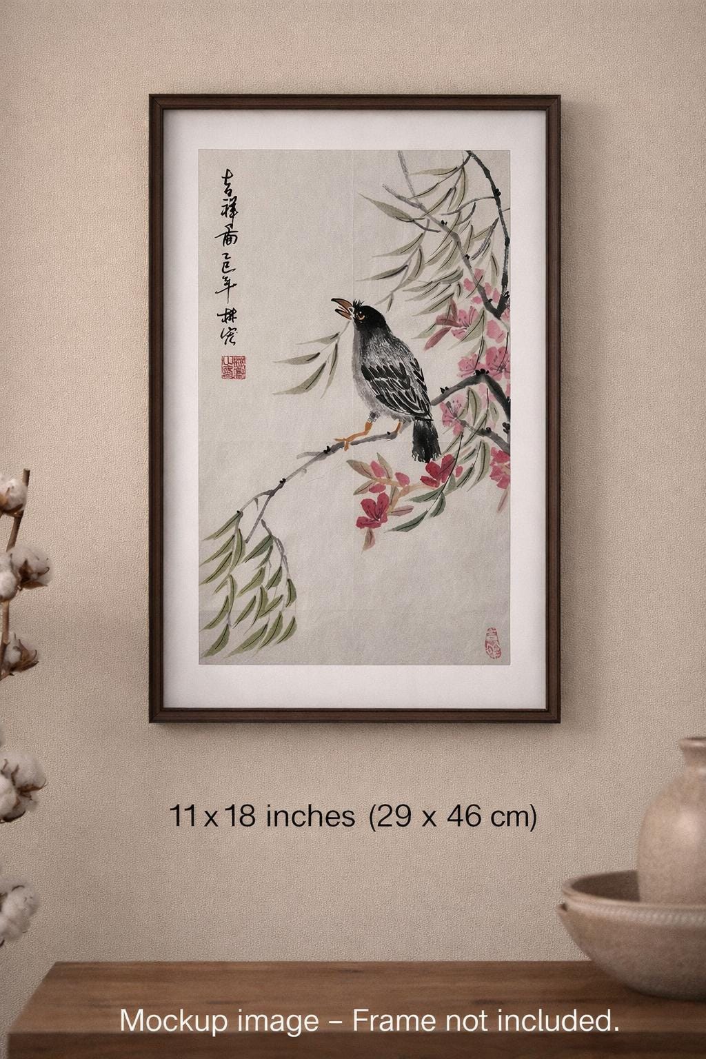 Original Chinese Ink Bird Painting “Auspicious Harmony”, Hand Painted Floral Wall Art on Rice Paper, 11 x 18 Inches
