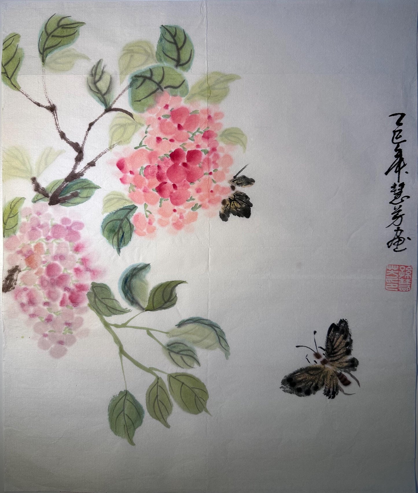 Original Chinese Ink Painting “Spring Whispers”, Butterflies and Blossoms, Hand Painted Floral Wall Art, 14 x 16 Inches