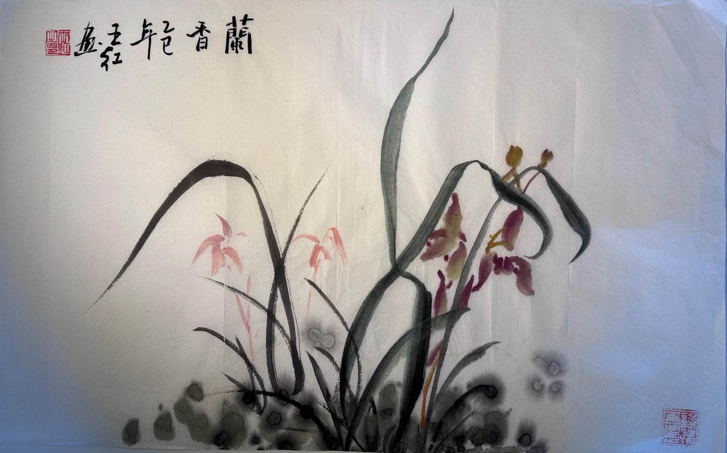 Original Chinese Ink Orchid Painting, Hand Painted “Lan Xiang” Floral Artwork on Rice Paper, 20 × 12 Inches