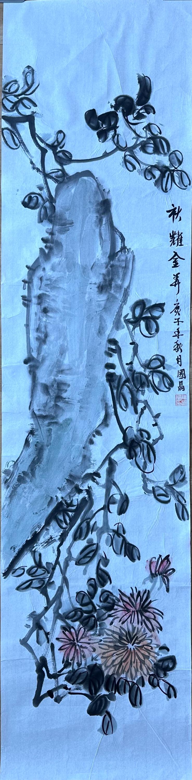 Original Chinese Ink Chrysanthemum Scroll Painting, Vertical Rock and Autumn Flower Art on Rice Paper, 13 × 53 Inches