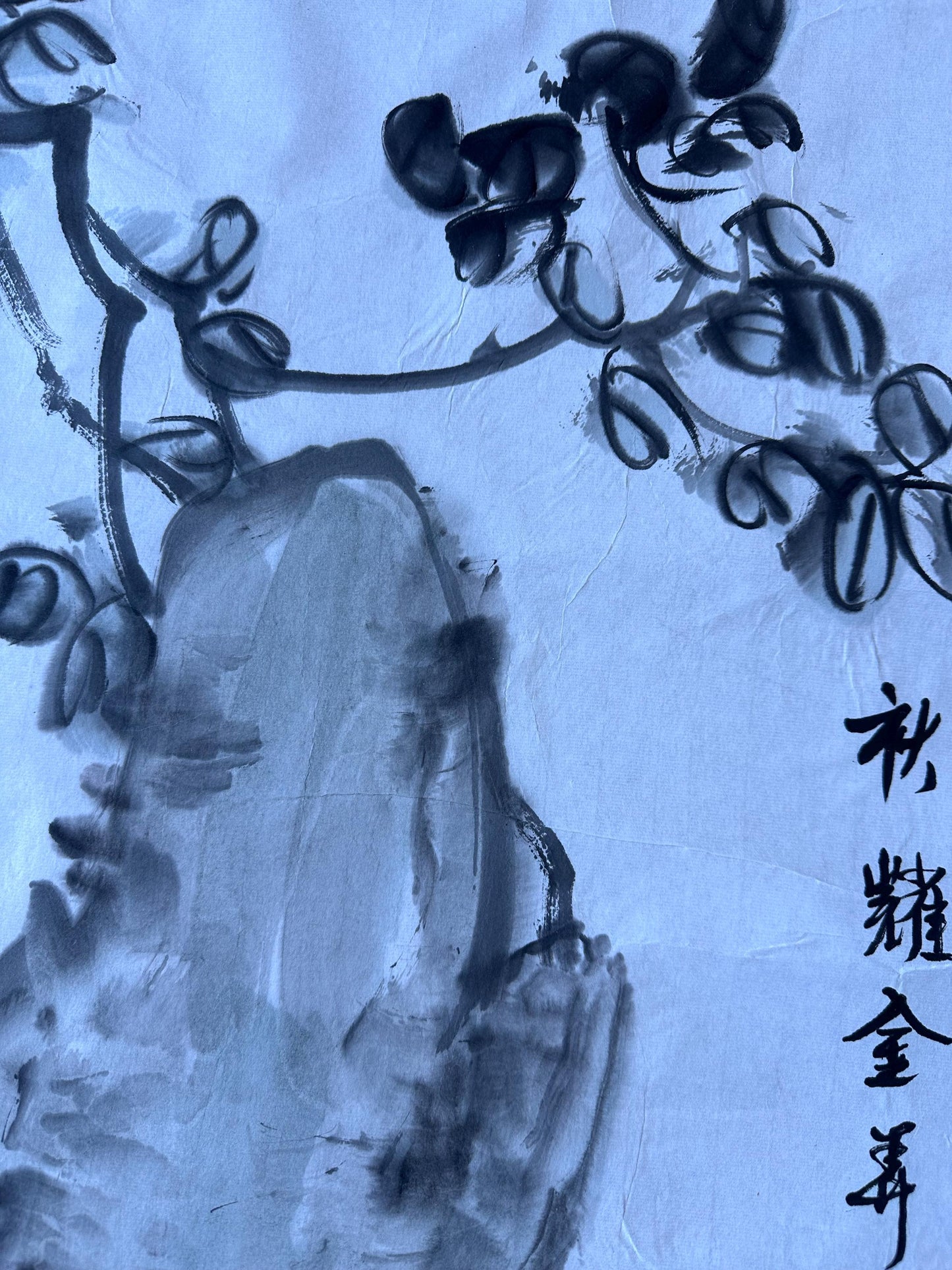 Original Chinese Ink Chrysanthemum Scroll Painting, Vertical Rock and Autumn Flower Art on Rice Paper, 13 × 53 Inches
