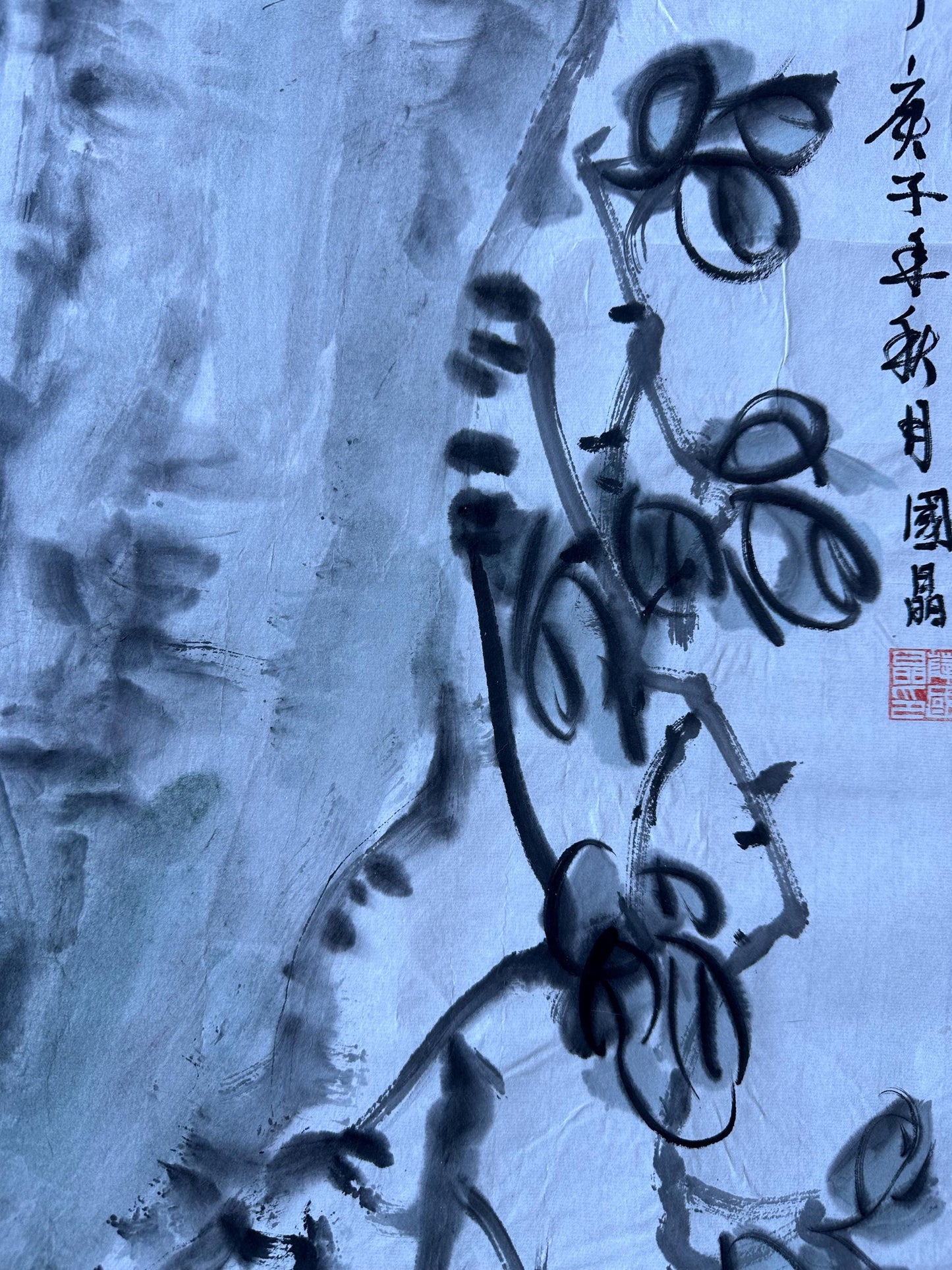 Original Chinese Ink Chrysanthemum Scroll Painting, Vertical Rock and Autumn Flower Art on Rice Paper, 13 × 53 Inches