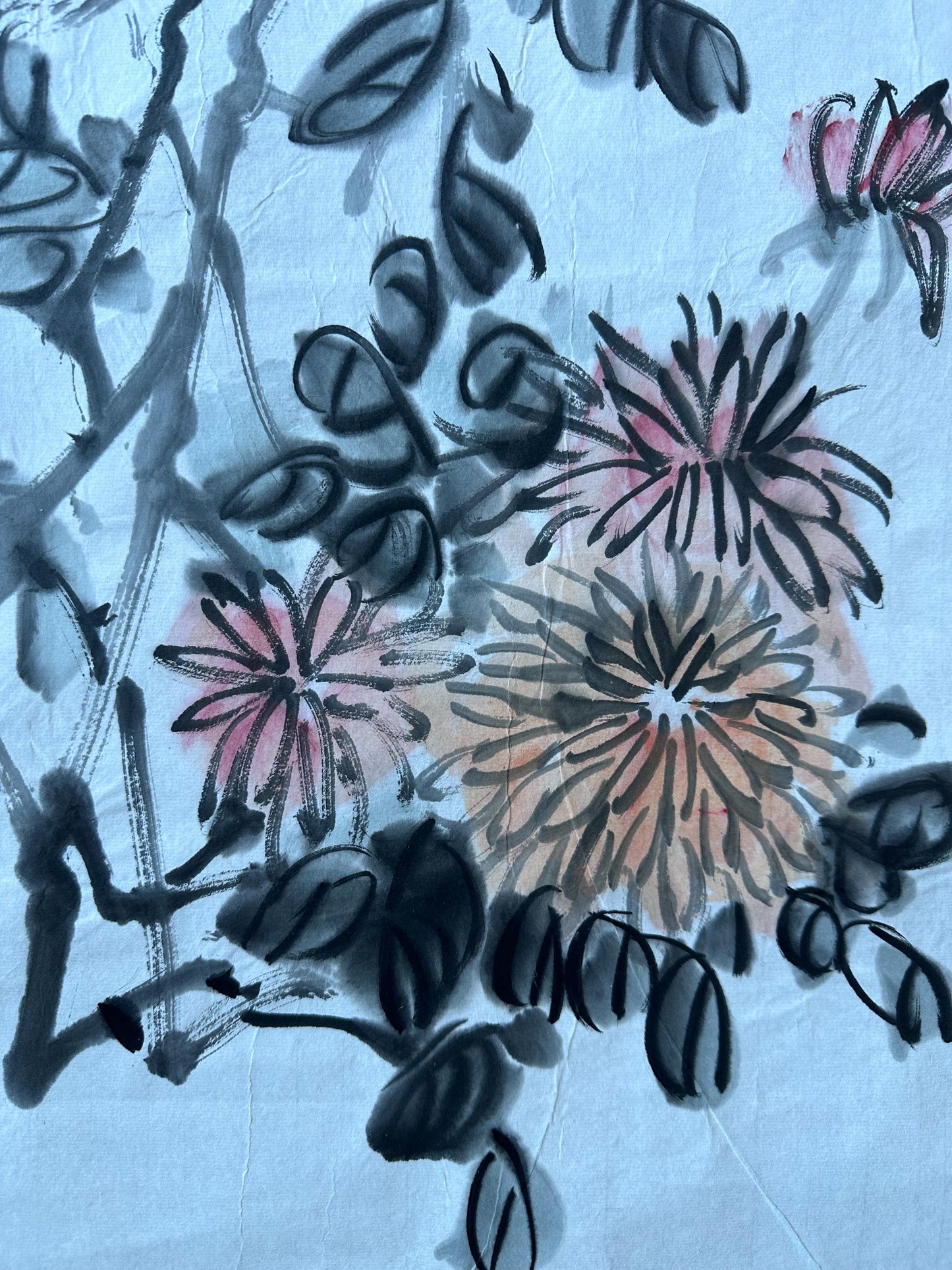Original Chinese Ink Chrysanthemum Scroll Painting, Vertical Rock and Autumn Flower Art on Rice Paper, 13 × 53 Inches