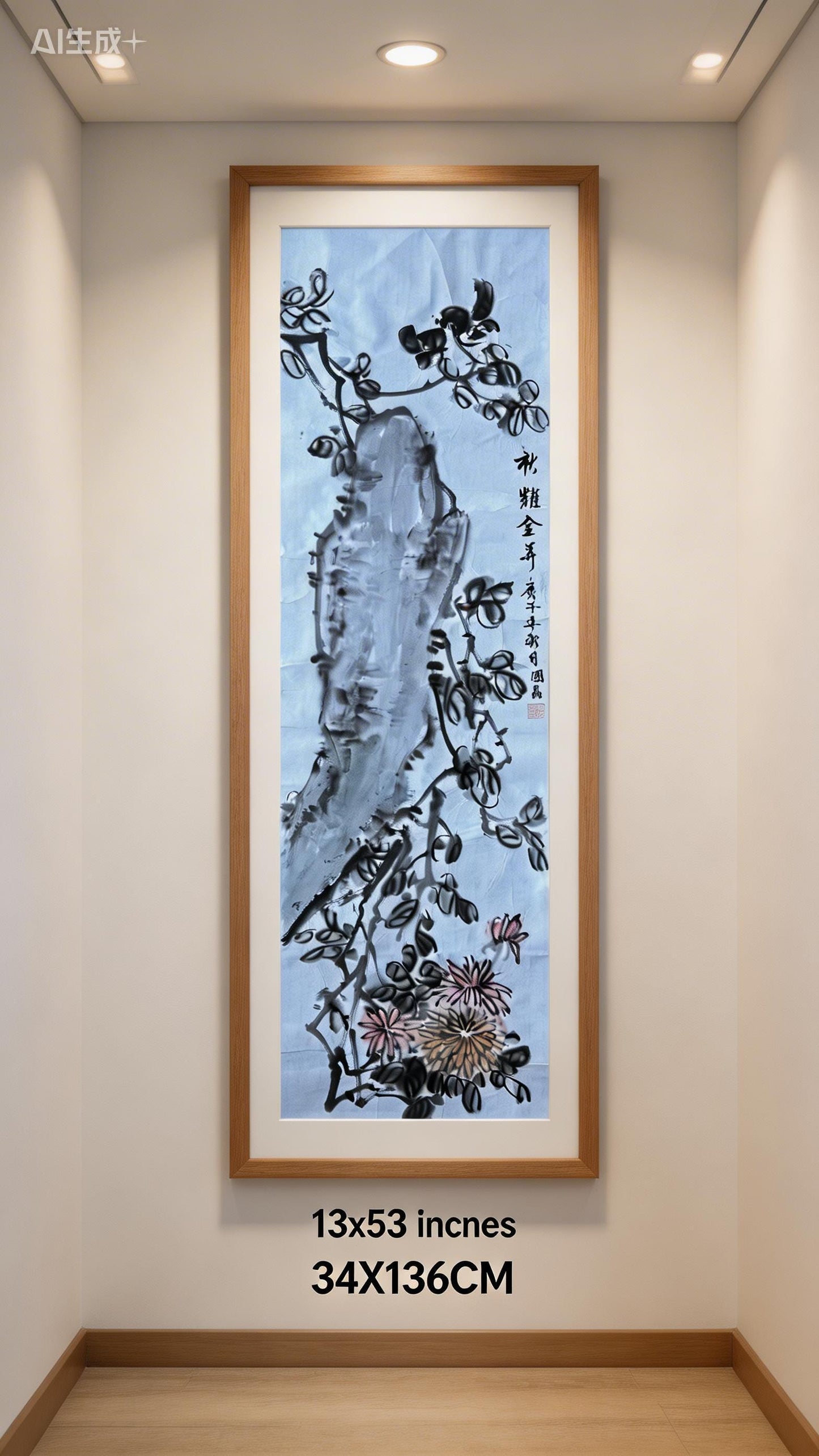 Original Chinese Ink Chrysanthemum Scroll Painting, Vertical Rock and Autumn Flower Art on Rice Paper, 13 × 53 Inches