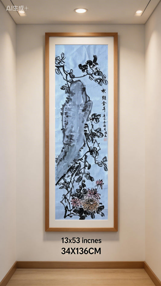 Original Chinese Ink Chrysanthemum Scroll Painting, Vertical Rock and Autumn Flower Art on Rice Paper, 13 × 53 Inches